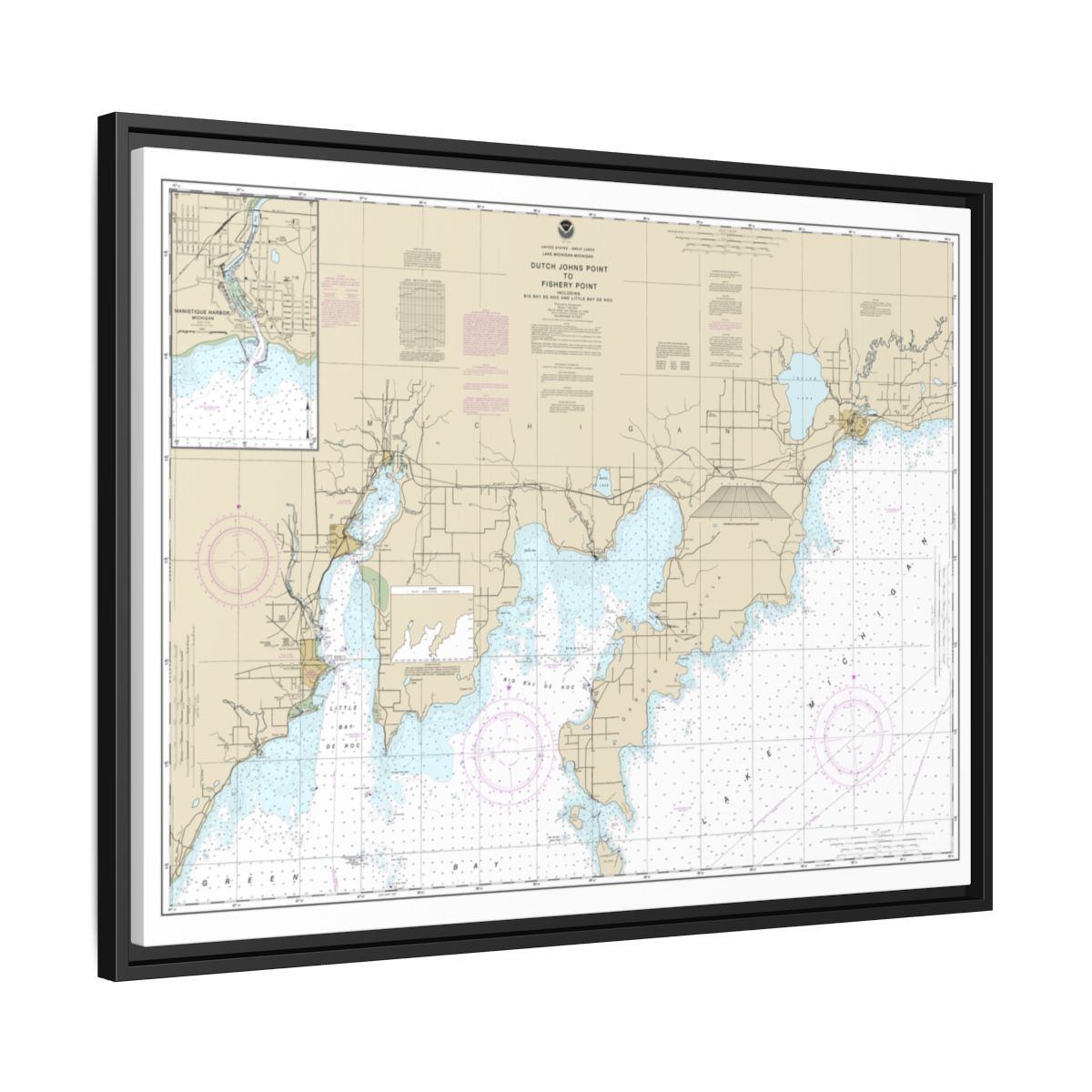 Chart 14908 Dutch Johns Point to Fishery Point, including Big Bay de Noc and Little Bay de Noc;Manistique - NOAA Nautical Chart Floating Frame Canvas | 32" x 24" | 40" x 30" - Black side