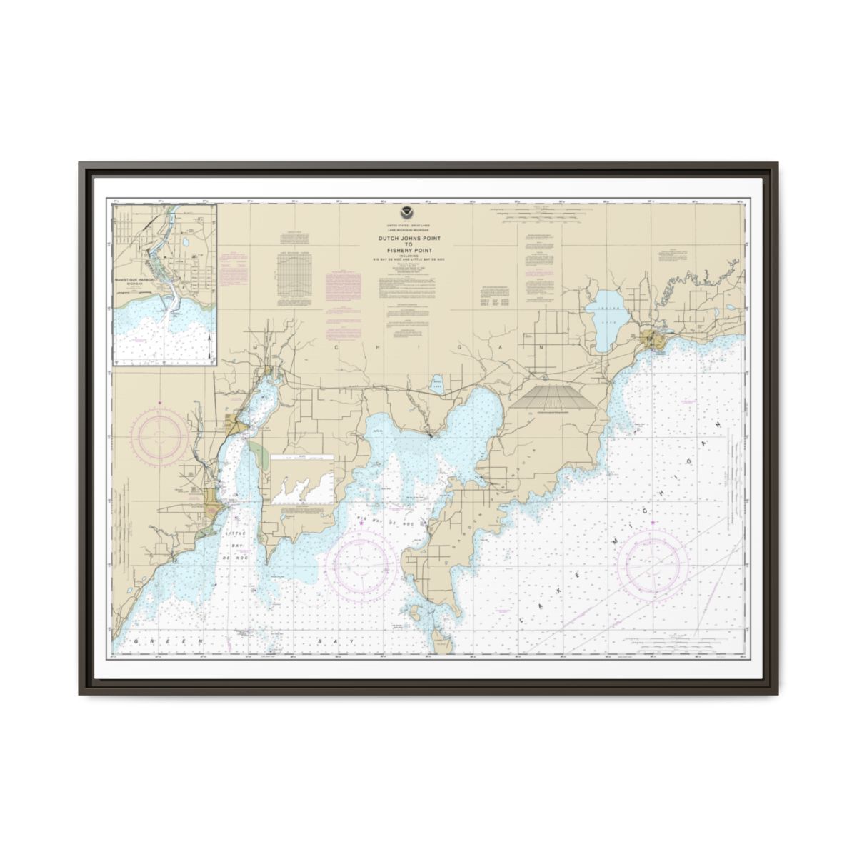 Chart 14908 Dutch Johns Point to Fishery Point, including Big Bay de Noc and Little Bay de Noc;Manistique - NOAA Nautical Chart Floating Frame Canvas | 32" x 24" | 40" x 30" - Espresso front