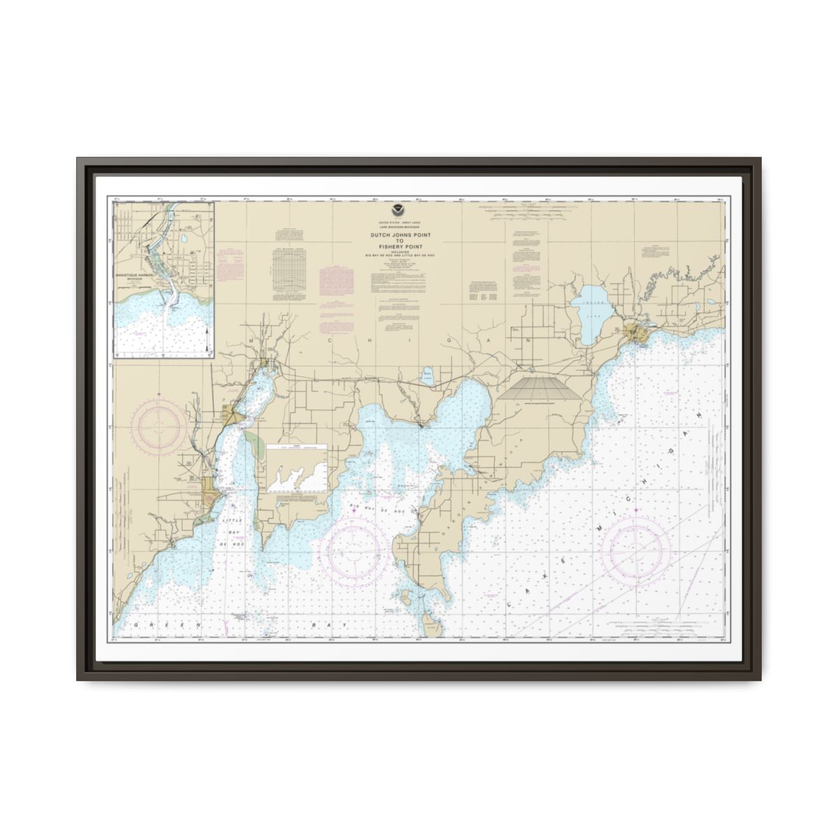 Chart 14908 Dutch Johns Point to Fishery Point, including Big Bay de Noc and Little Bay de Noc;Manistique - NOAA Nautical Chart Floating Frame Canvas | 32" x 24" | 40" x 30" - Espresso front