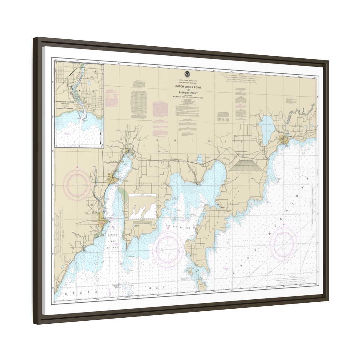 Chart 14908 Dutch Johns Point to Fishery Point, including Big Bay de Noc and Little Bay de Noc;Manistique - NOAA Nautical Chart Floating Frame Canvas | 32" x 24" | 40" x 30" - Espresso side