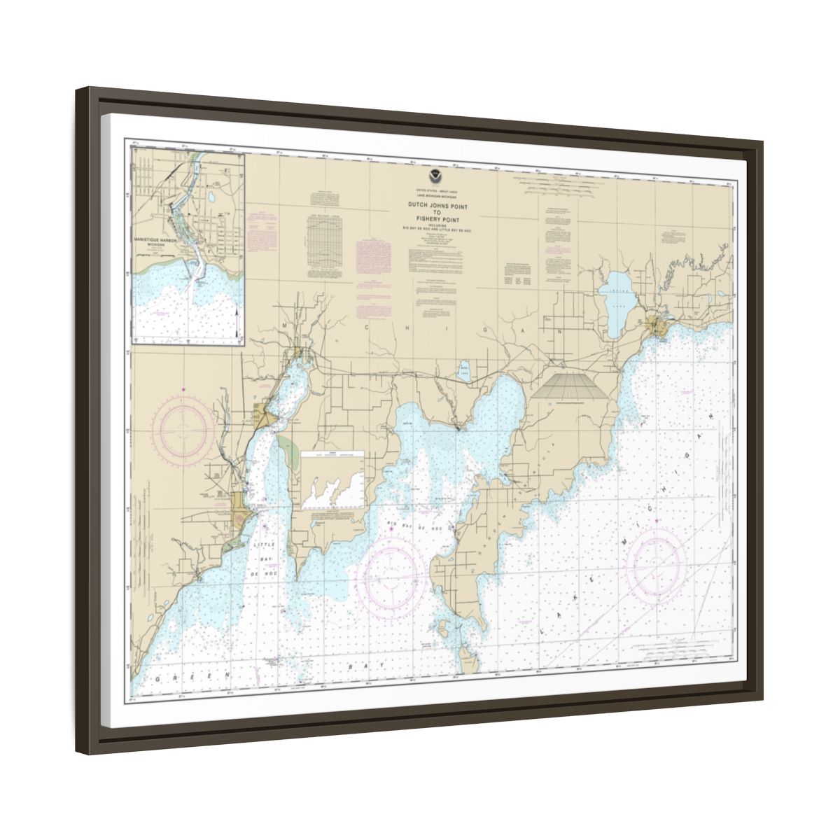 Chart 14908 Dutch Johns Point to Fishery Point, including Big Bay de Noc and Little Bay de Noc;Manistique - NOAA Nautical Chart Floating Frame Canvas | 32" x 24" | 40" x 30" - Espresso side