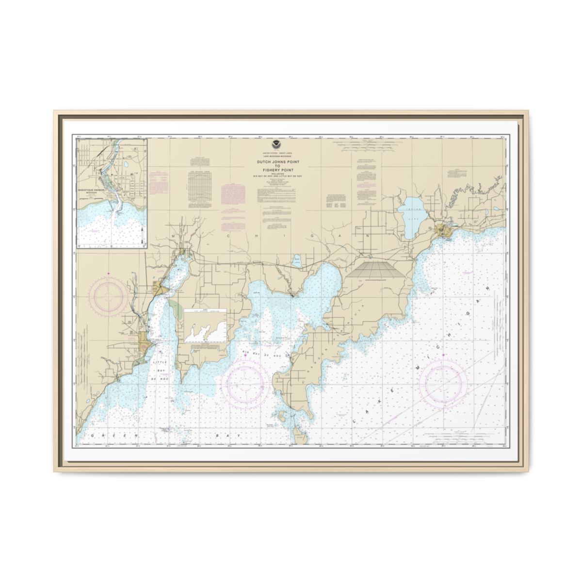 Chart 14908 Dutch Johns Point to Fishery Point, including Big Bay de Noc and Little Bay de Noc;Manistique - NOAA Nautical Chart Floating Frame Canvas | 32" x 24" | 40" x 30" - Natural front