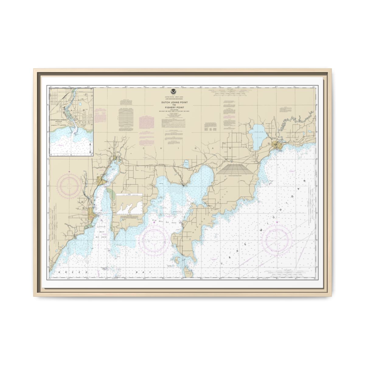 Chart 14908 Dutch Johns Point to Fishery Point, including Big Bay de Noc and Little Bay de Noc;Manistique - NOAA Nautical Chart Floating Frame Canvas | 32" x 24" | 40" x 30" - Natural front
