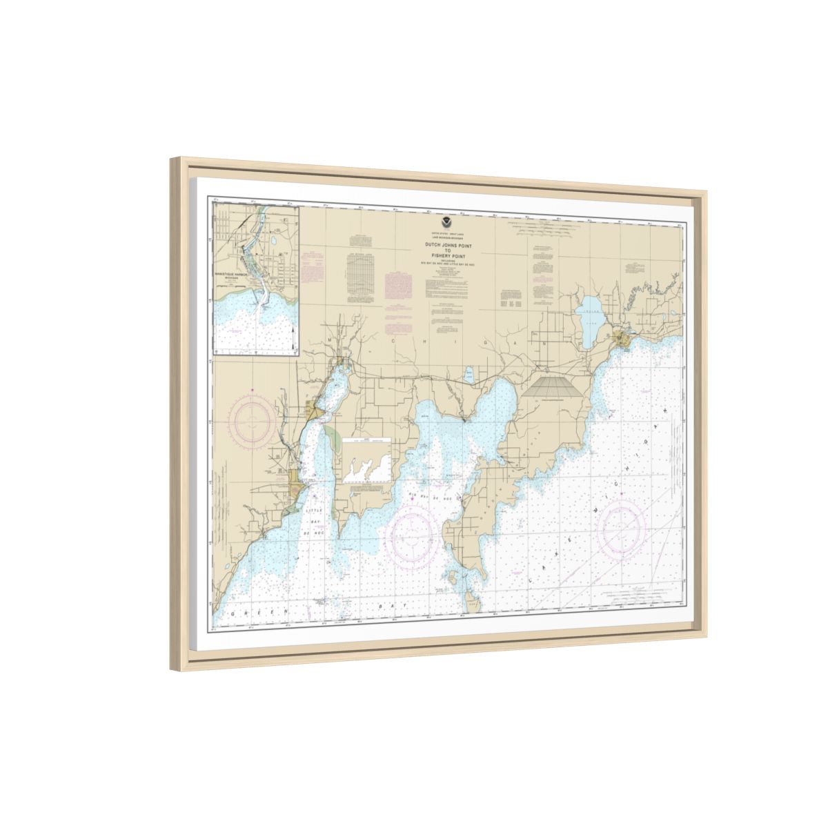 Chart 14908 Dutch Johns Point to Fishery Point, including Big Bay de Noc and Little Bay de Noc;Manistique - NOAA Nautical Chart Floating Frame Canvas | 32" x 24" | 40" x 30" - Natural side