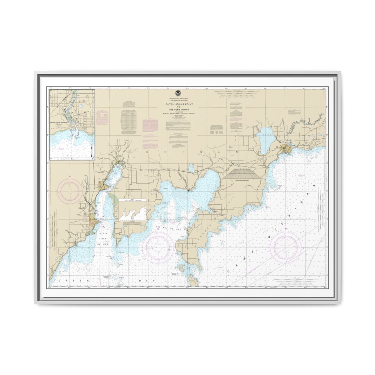 Chart 14908 Dutch Johns Point to Fishery Point, including Big Bay de Noc and Little Bay de Noc;Manistique - NOAA Nautical Chart Floating Frame Canvas | 32" x 24" | 40" x 30" - White front