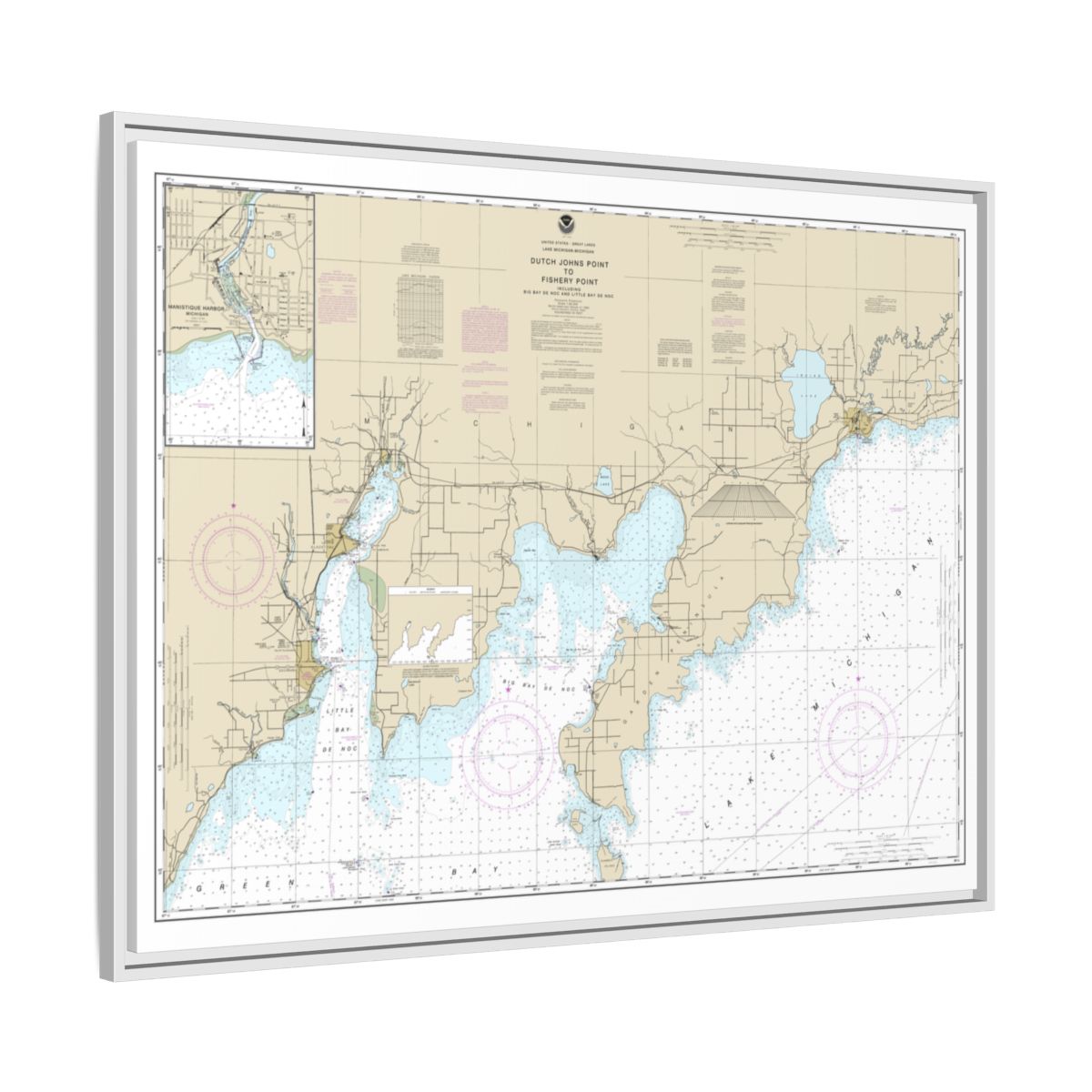 Chart 14908 Dutch Johns Point to Fishery Point, including Big Bay de Noc and Little Bay de Noc;Manistique - NOAA Nautical Chart Floating Frame Canvas | 32" x 24" | 40" x 30" - White side