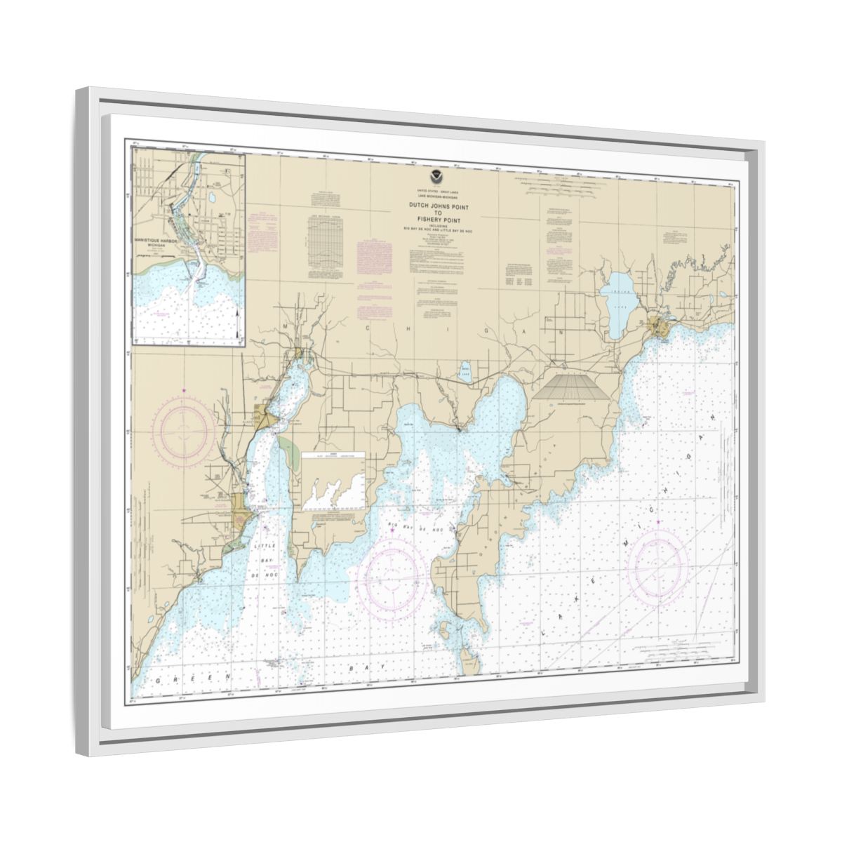 Chart 14908 Dutch Johns Point to Fishery Point, including Big Bay de Noc and Little Bay de Noc;Manistique - NOAA Nautical Chart Floating Frame Canvas | 32" x 24" | 40" x 30" - White side