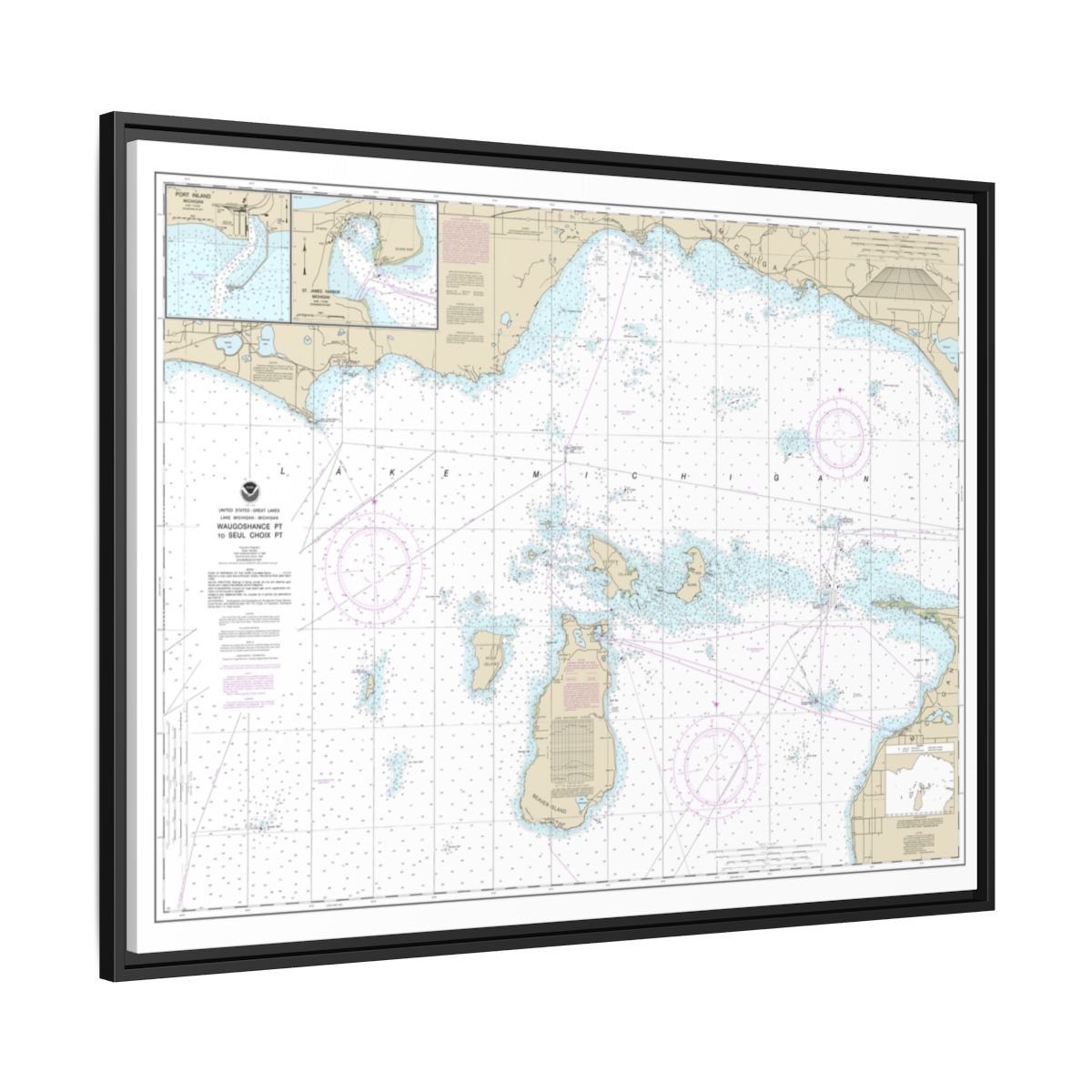 Chart 14911 Waugoshance Point to Seul Choix Point, including Beaver Island Group;Port Inland;Beaver Harbor - NOAA Nautical Chart Floating Frame Canvas | 32" x 24" | 40" x 30" - Black side