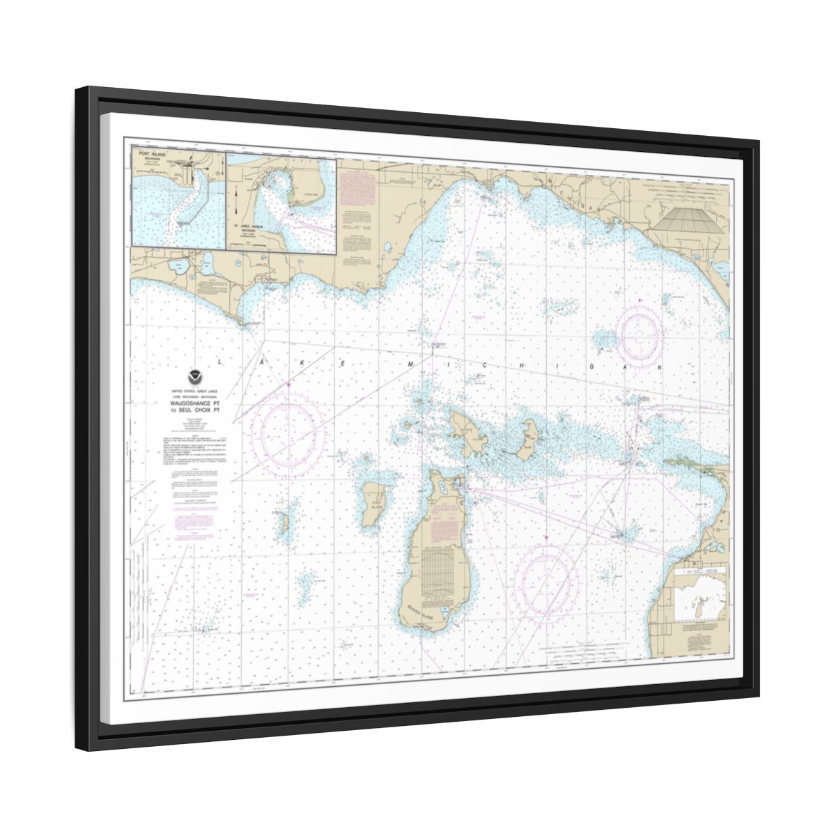 Chart 14911 Waugoshance Point to Seul Choix Point, including Beaver Island Group;Port Inland;Beaver Harbor - NOAA Nautical Chart Floating Frame Canvas | 32" x 24" | 40" x 30" - Black side