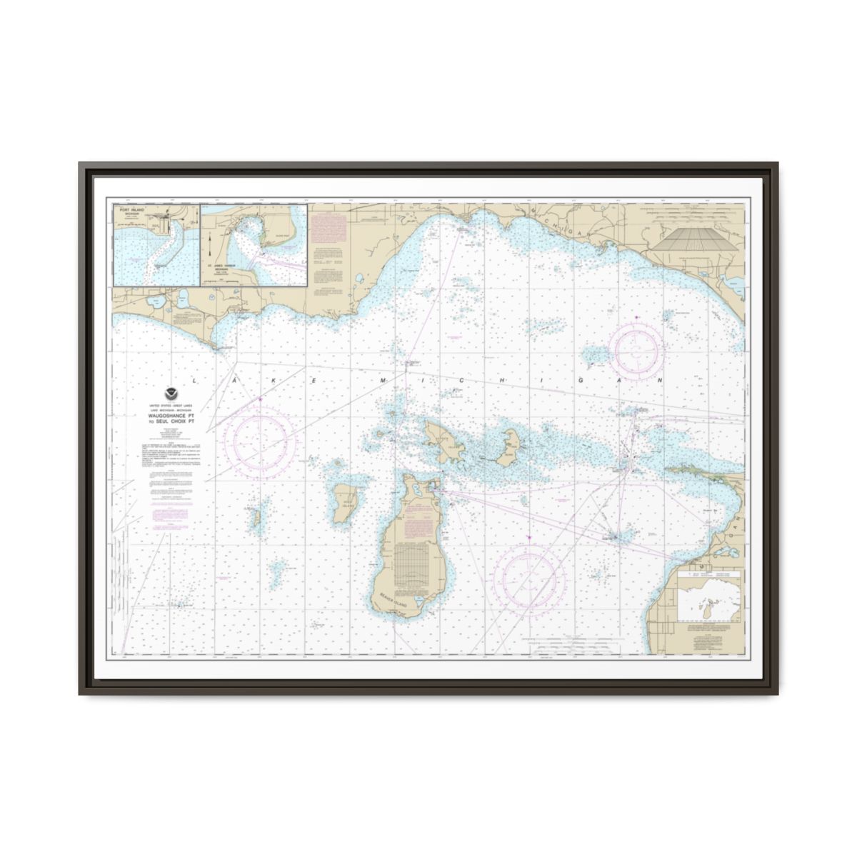 Chart 14911 Waugoshance Point to Seul Choix Point, including Beaver Island Group;Port Inland;Beaver Harbor - NOAA Nautical Chart Floating Frame Canvas | 32" x 24" | 40" x 30" - Espresso front