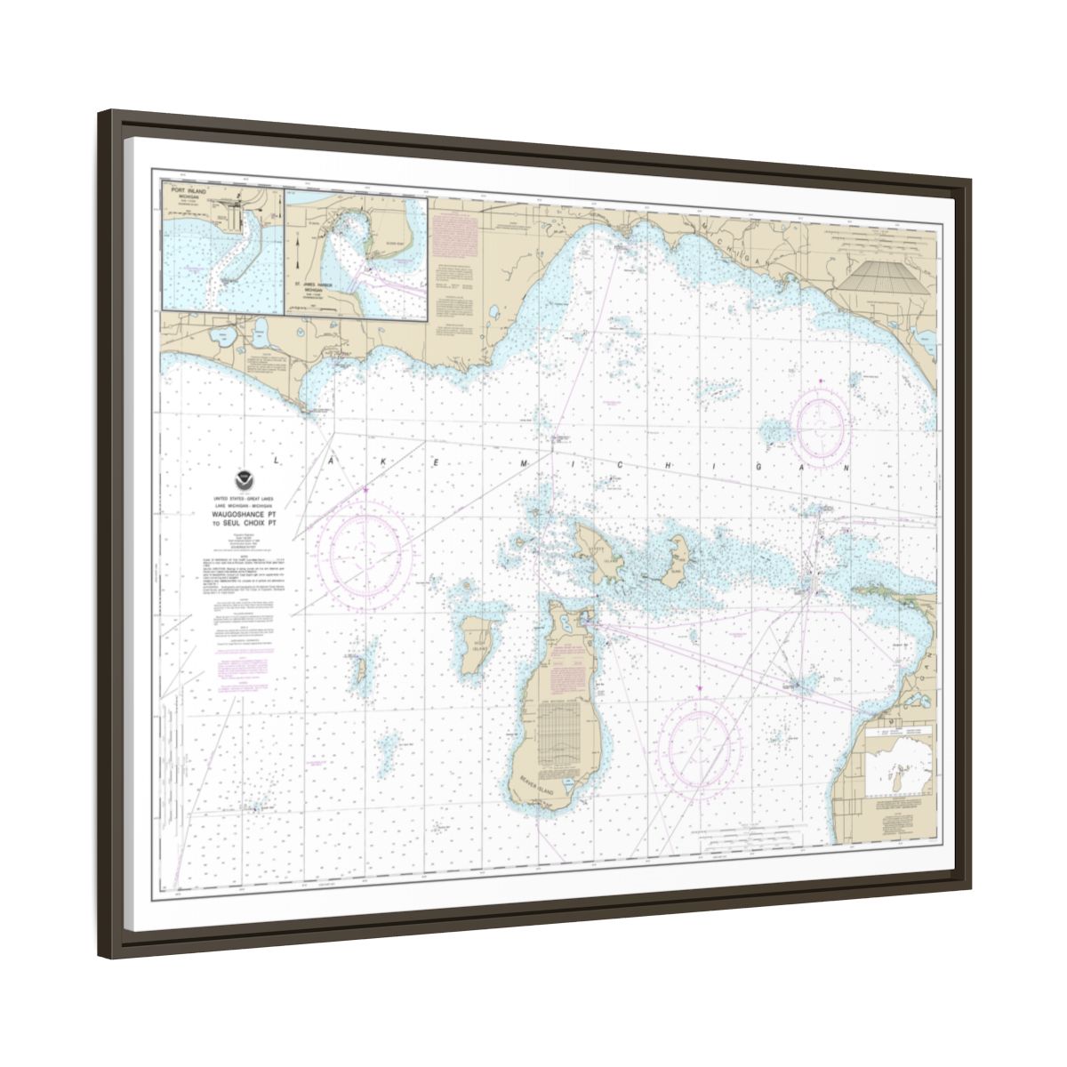 Chart 14911 Waugoshance Point to Seul Choix Point, including Beaver Island Group;Port Inland;Beaver Harbor - NOAA Nautical Chart Floating Frame Canvas | 32" x 24" | 40" x 30" - Espresso side