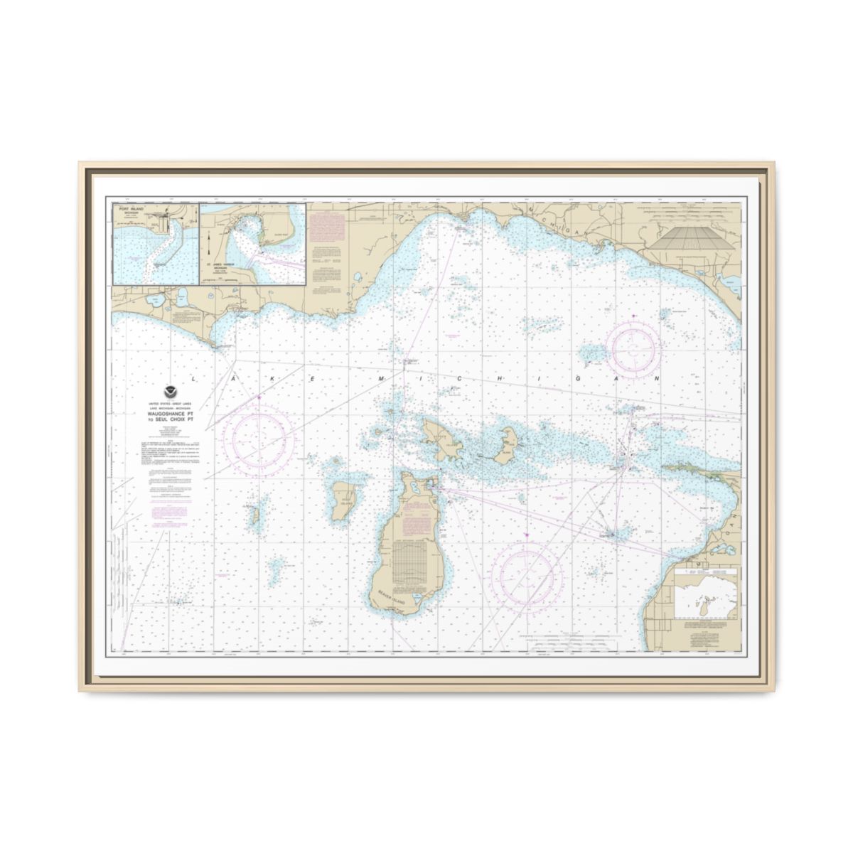Chart 14911 Waugoshance Point to Seul Choix Point, including Beaver Island Group;Port Inland;Beaver Harbor - NOAA Nautical Chart Floating Frame Canvas | 32" x 24" | 40" x 30" - Natural front