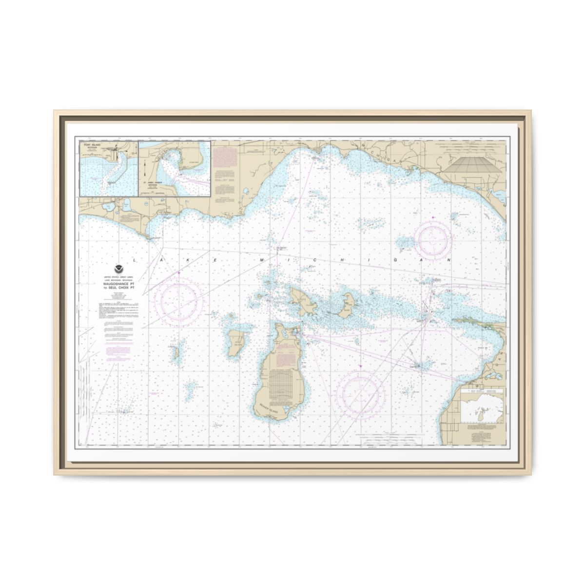Chart 14911 Waugoshance Point to Seul Choix Point, including Beaver Island Group;Port Inland;Beaver Harbor - NOAA Nautical Chart Floating Frame Canvas | 32" x 24" | 40" x 30" - Natural front