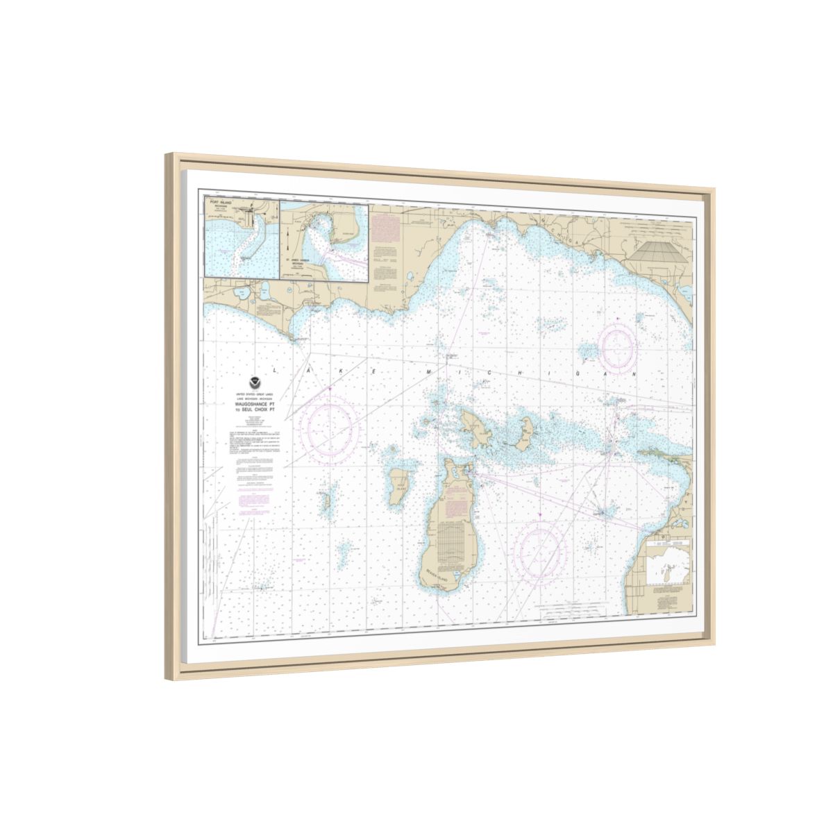 Chart 14911 Waugoshance Point to Seul Choix Point, including Beaver Island Group;Port Inland;Beaver Harbor - NOAA Nautical Chart Floating Frame Canvas | 32" x 24" | 40" x 30" - Natural side