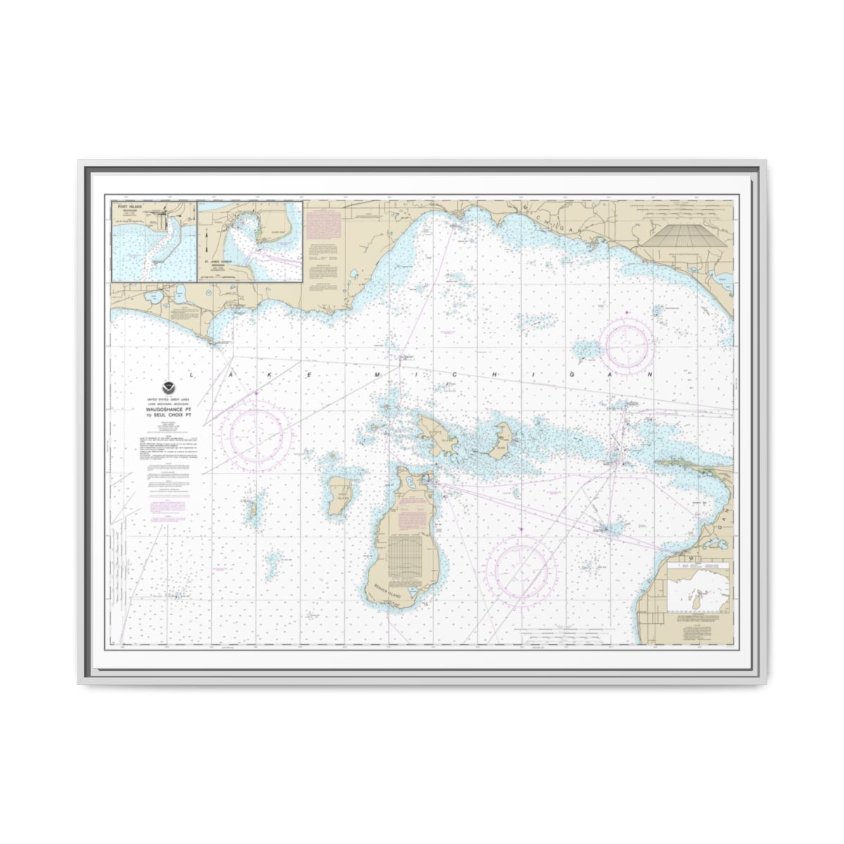 Chart 14911 Waugoshance Point to Seul Choix Point, including Beaver Island Group;Port Inland;Beaver Harbor - NOAA Nautical Chart Floating Frame Canvas | 32" x 24" | 40" x 30" - White front