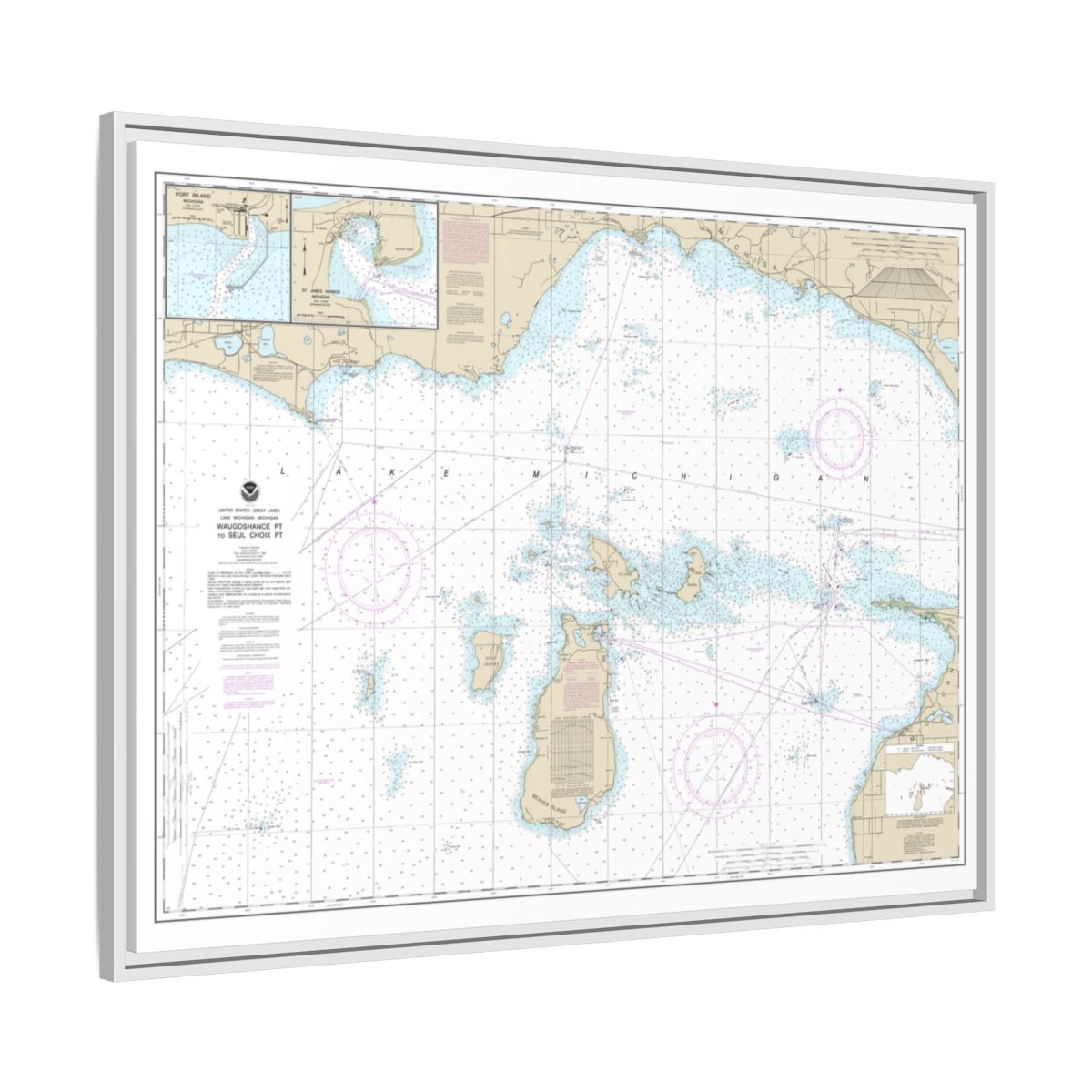 Chart 14911 Waugoshance Point to Seul Choix Point, including Beaver Island Group;Port Inland;Beaver Harbor - NOAA Nautical Chart Floating Frame Canvas | 32" x 24" | 40" x 30" - White side