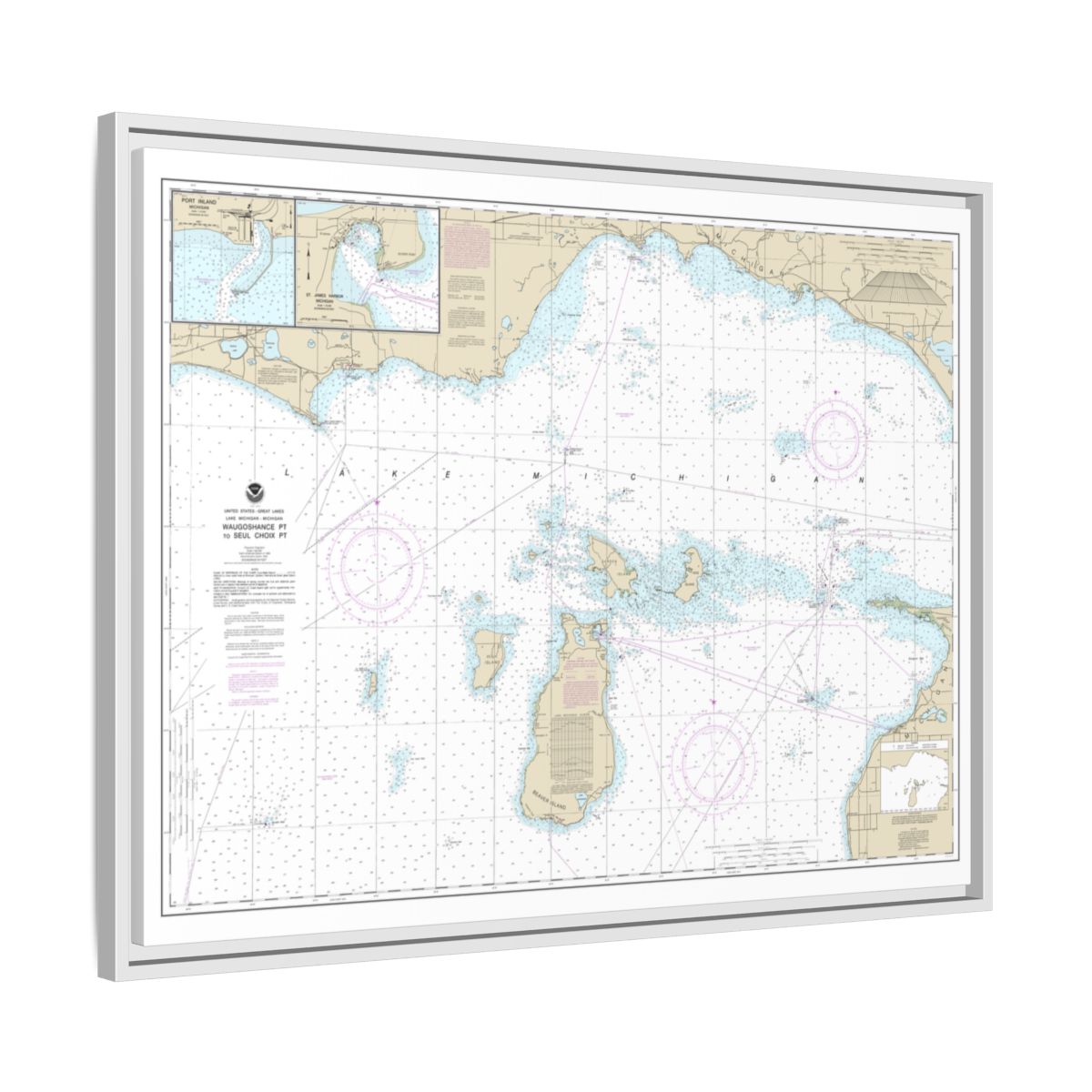 Chart 14911 Waugoshance Point to Seul Choix Point, including Beaver Island Group;Port Inland;Beaver Harbor - NOAA Nautical Chart Floating Frame Canvas | 32" x 24" | 40" x 30" - White side