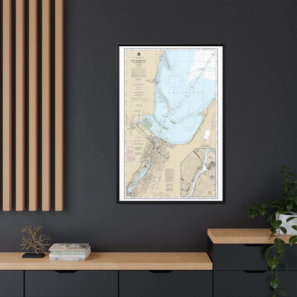 Chart 14918 Head of Green Bay, including Fox River below De Pere;Green Bay - NOAA Nautical Chart Floating Frame Canvas | 20" x 30" | 24" x 36" | 32" x 48" - Black context-2