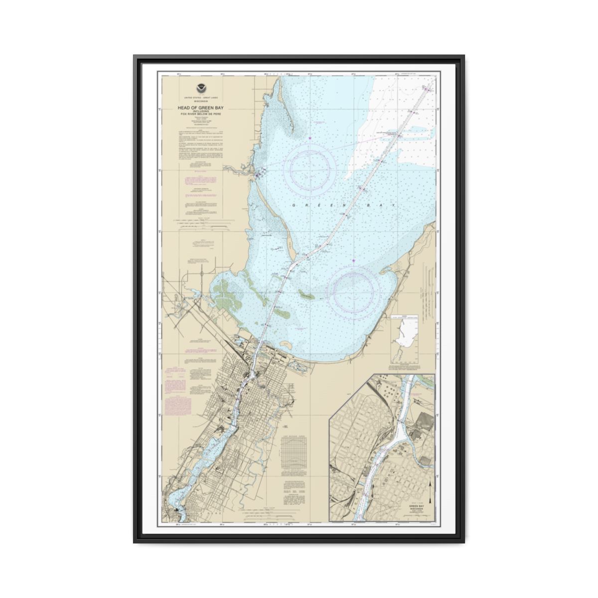 Chart 14918 Head of Green Bay, including Fox River below De Pere;Green Bay - NOAA Nautical Chart Floating Frame Canvas | 20" x 30" | 24" x 36" | 32" x 48" - Black front