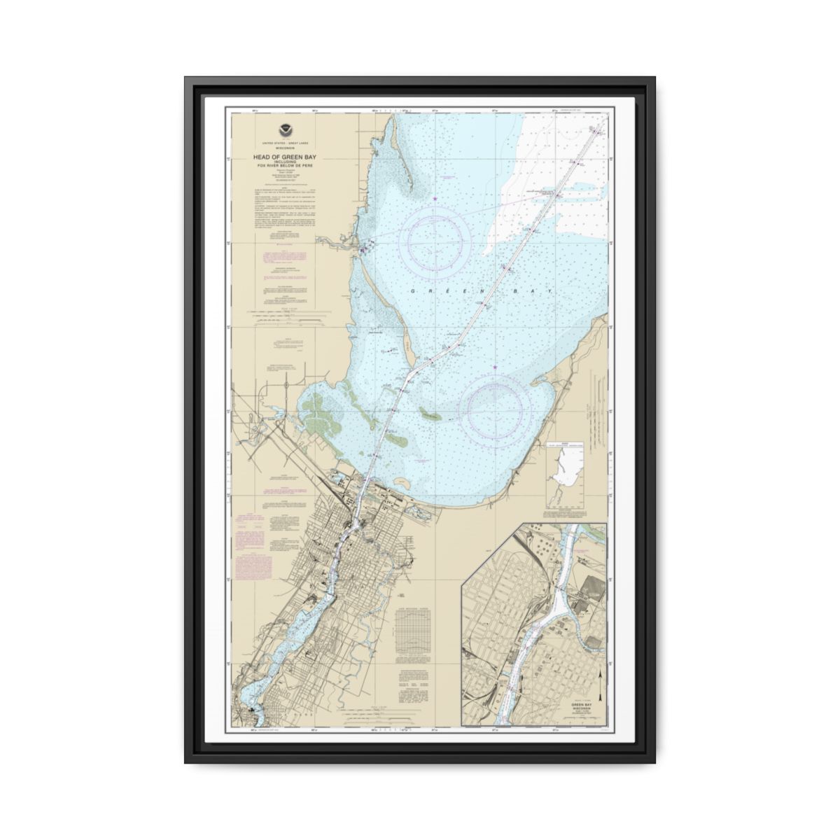 Chart 14918 Head of Green Bay, including Fox River below De Pere;Green Bay - NOAA Nautical Chart Floating Frame Canvas | 20" x 30" | 24" x 36" | 32" x 48" - Black front