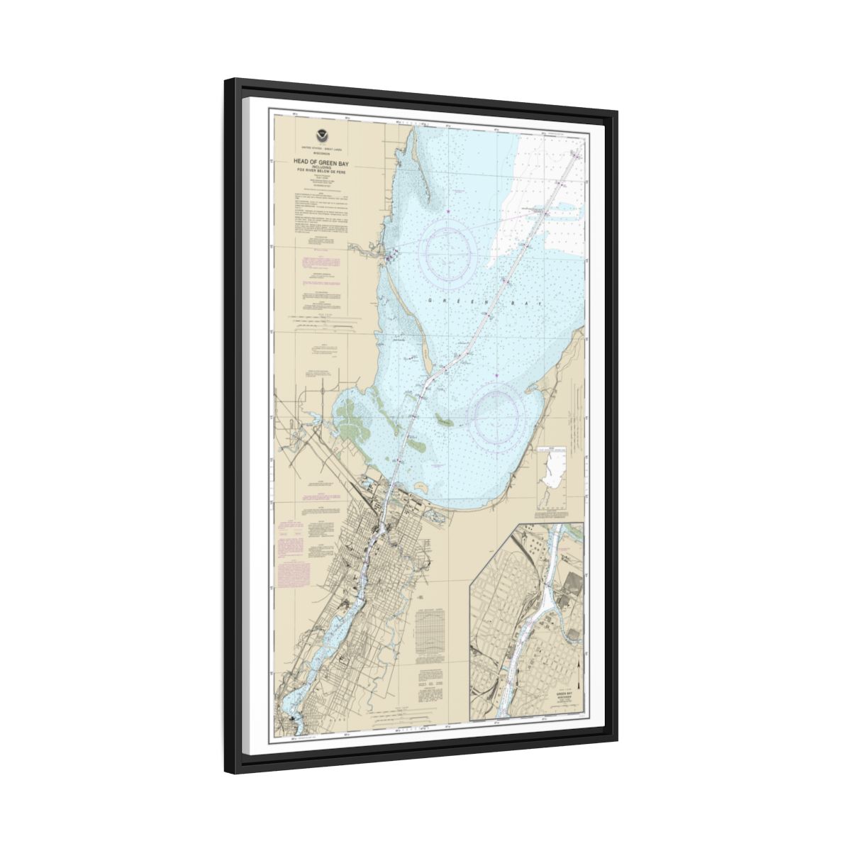 Chart 14918 Head of Green Bay, including Fox River below De Pere;Green Bay - NOAA Nautical Chart Floating Frame Canvas | 20" x 30" | 24" x 36" | 32" x 48" - Black side