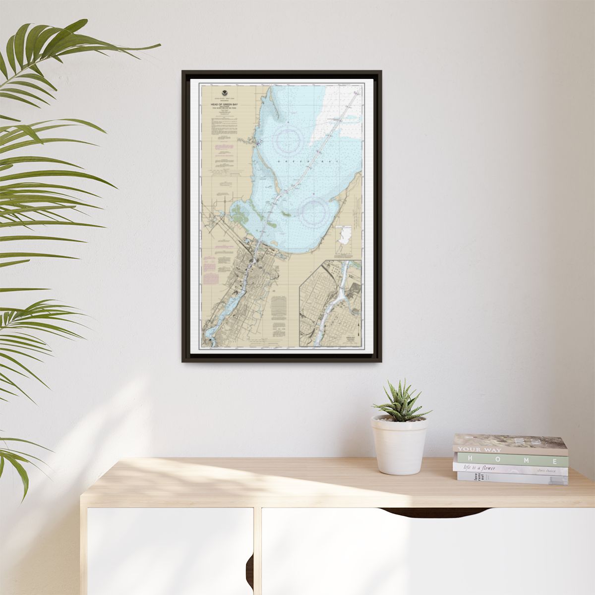 Chart 14918 Head of Green Bay, including Fox River below De Pere;Green Bay - NOAA Nautical Chart Floating Frame Canvas | 20" x 30" | 24" x 36" | 32" x 48" - Espresso context-1