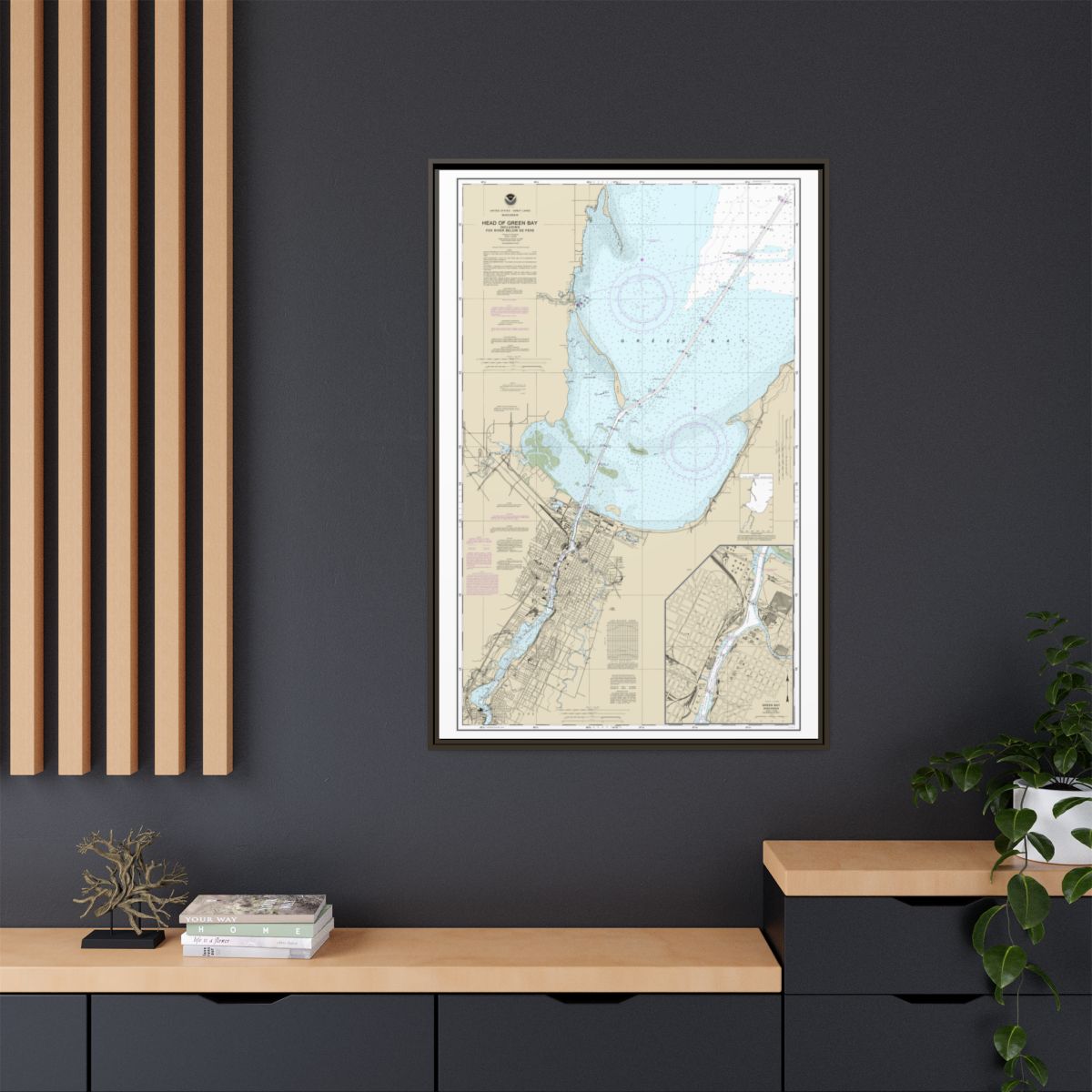 Chart 14918 Head of Green Bay, including Fox River below De Pere;Green Bay - NOAA Nautical Chart Floating Frame Canvas | 20" x 30" | 24" x 36" | 32" x 48" - Espresso context-2