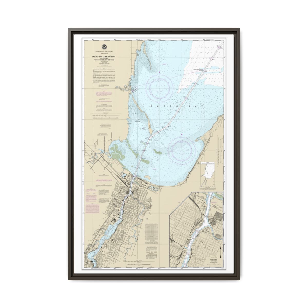 Chart 14918 Head of Green Bay, including Fox River below De Pere;Green Bay - NOAA Nautical Chart Floating Frame Canvas | 20" x 30" | 24" x 36" | 32" x 48" - Espresso front