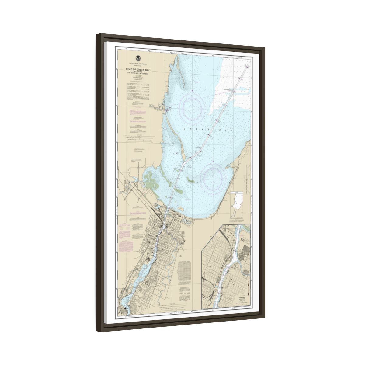 Chart 14918 Head of Green Bay, including Fox River below De Pere;Green Bay - NOAA Nautical Chart Floating Frame Canvas | 20" x 30" | 24" x 36" | 32" x 48" - Espresso side