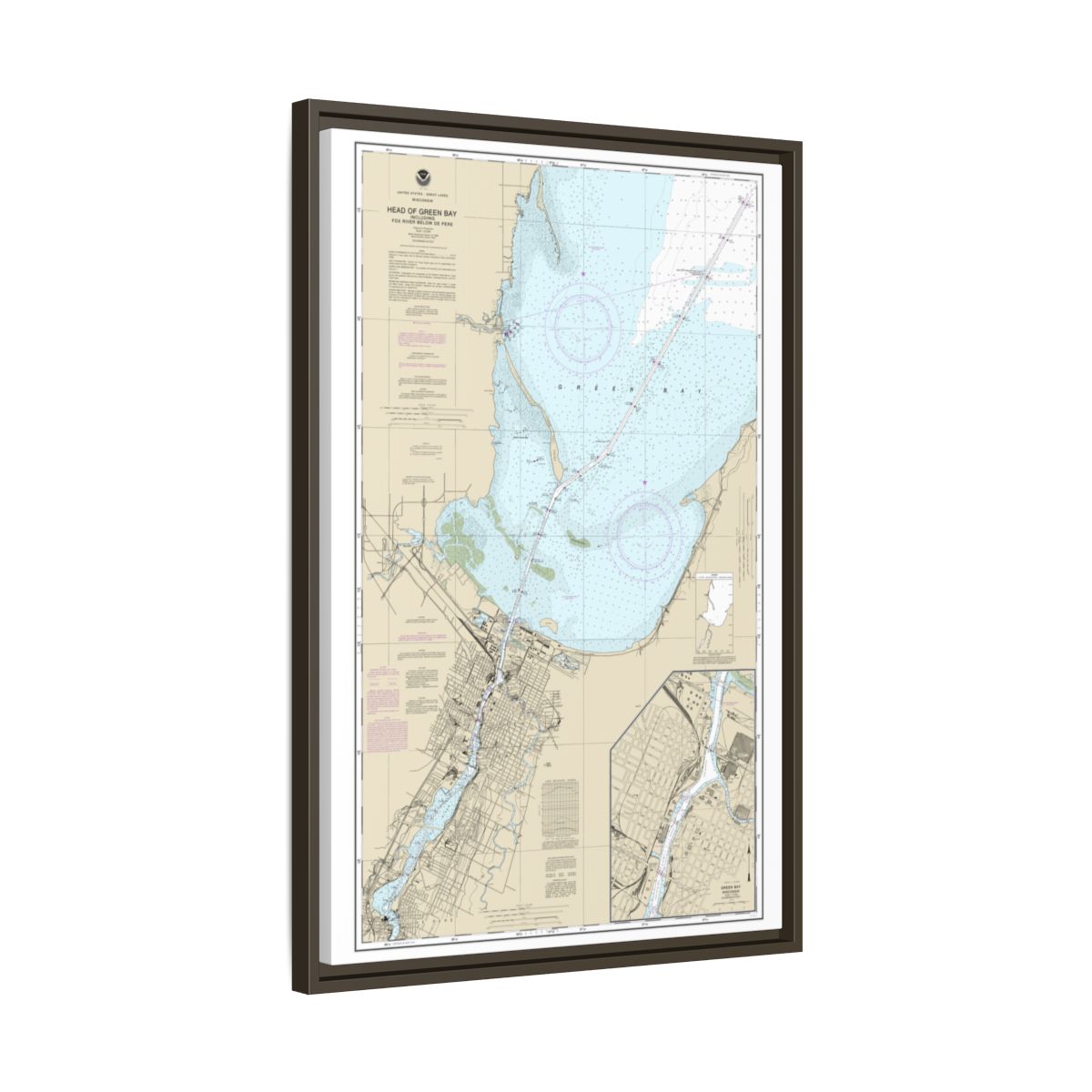 Chart 14918 Head of Green Bay, including Fox River below De Pere;Green Bay - NOAA Nautical Chart Floating Frame Canvas | 20" x 30" | 24" x 36" | 32" x 48" - Espresso side