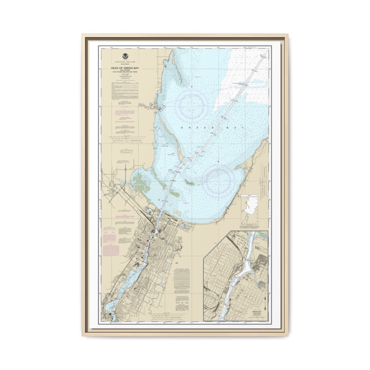 Chart 14918 Head of Green Bay, including Fox River below De Pere;Green Bay - NOAA Nautical Chart Floating Frame Canvas | 20" x 30" | 24" x 36" | 32" x 48" - Natural front