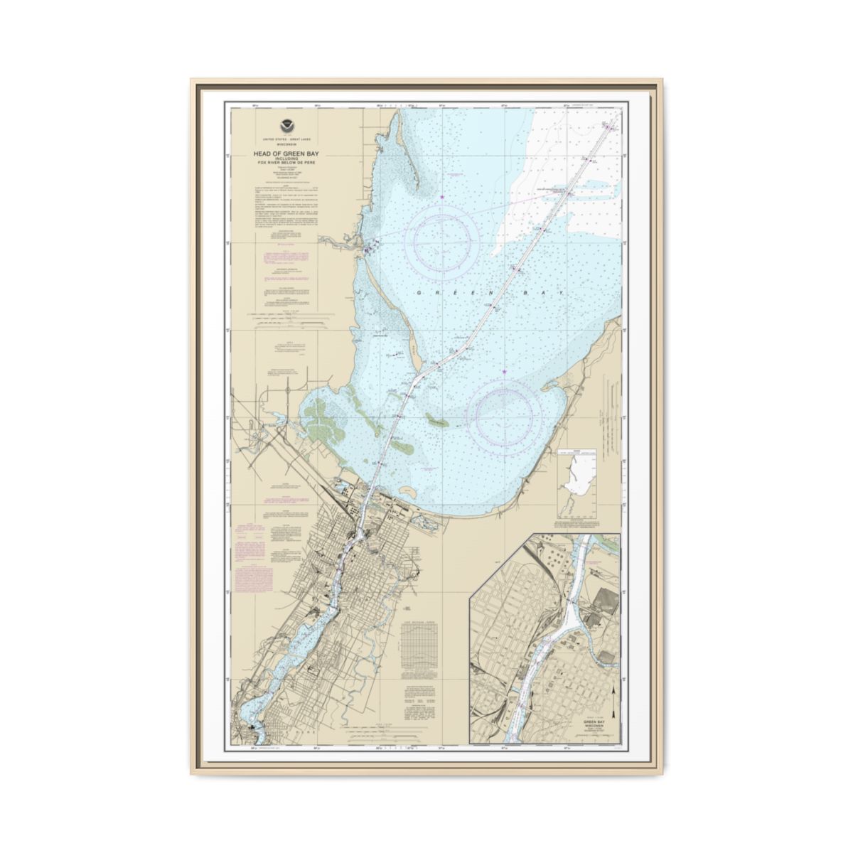 Chart 14918 Head of Green Bay, including Fox River below De Pere;Green Bay - NOAA Nautical Chart Floating Frame Canvas | 20" x 30" | 24" x 36" | 32" x 48" - Natural front