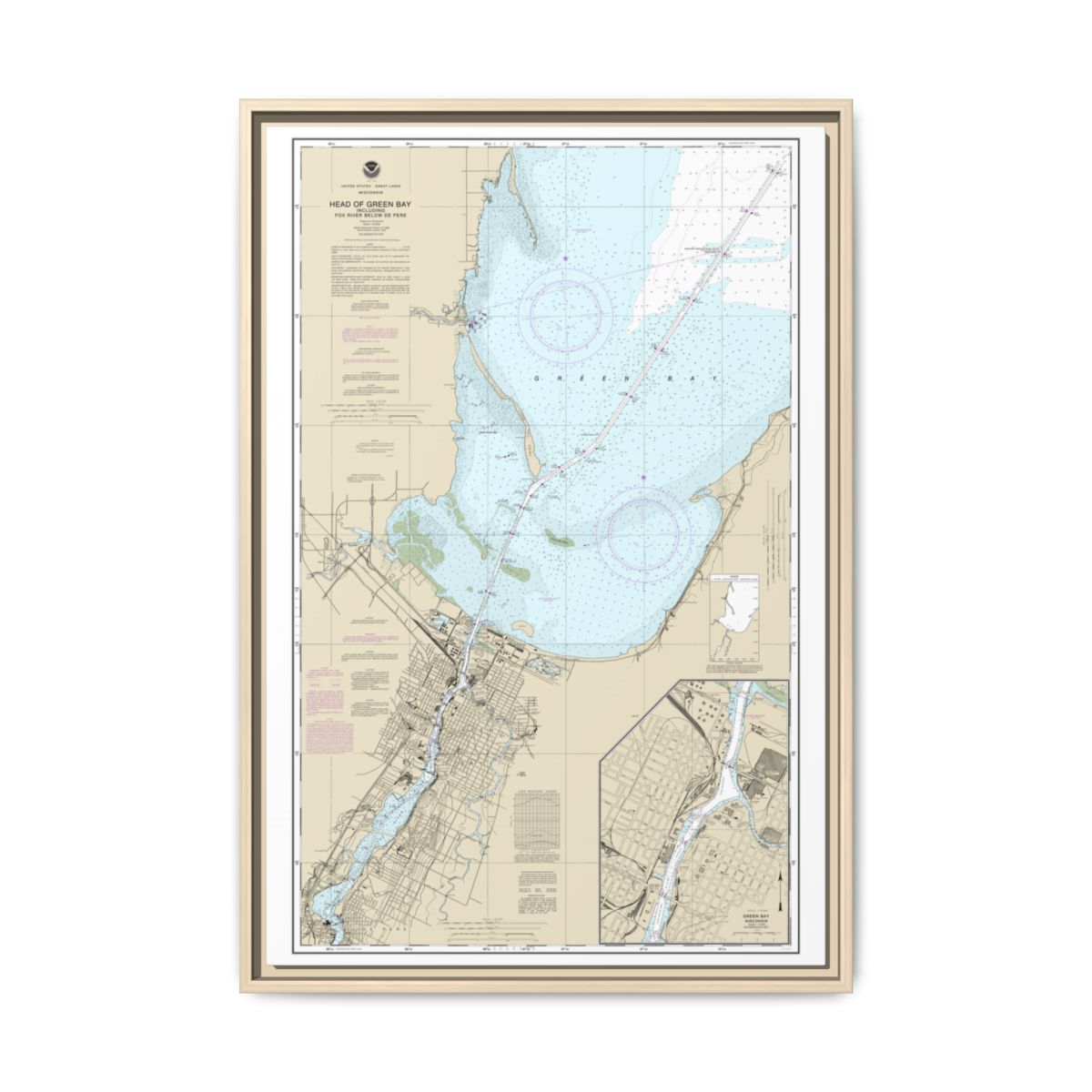 Chart 14918 Head of Green Bay, including Fox River below De Pere;Green Bay - NOAA Nautical Chart Floating Frame Canvas | 20" x 30" | 24" x 36" | 32" x 48" - Natural front
