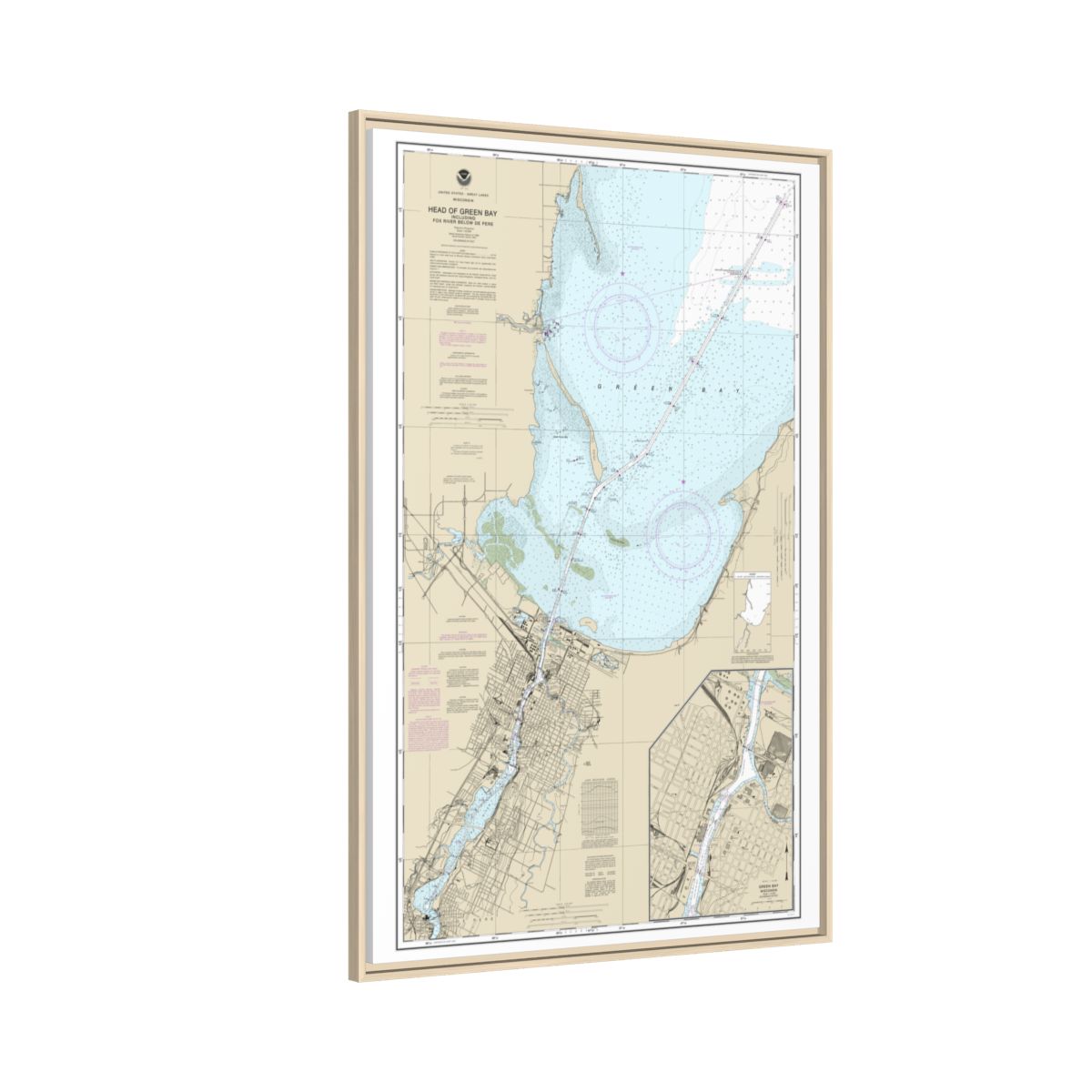Chart 14918 Head of Green Bay, including Fox River below De Pere;Green Bay - NOAA Nautical Chart Floating Frame Canvas | 20" x 30" | 24" x 36" | 32" x 48" - Natural side