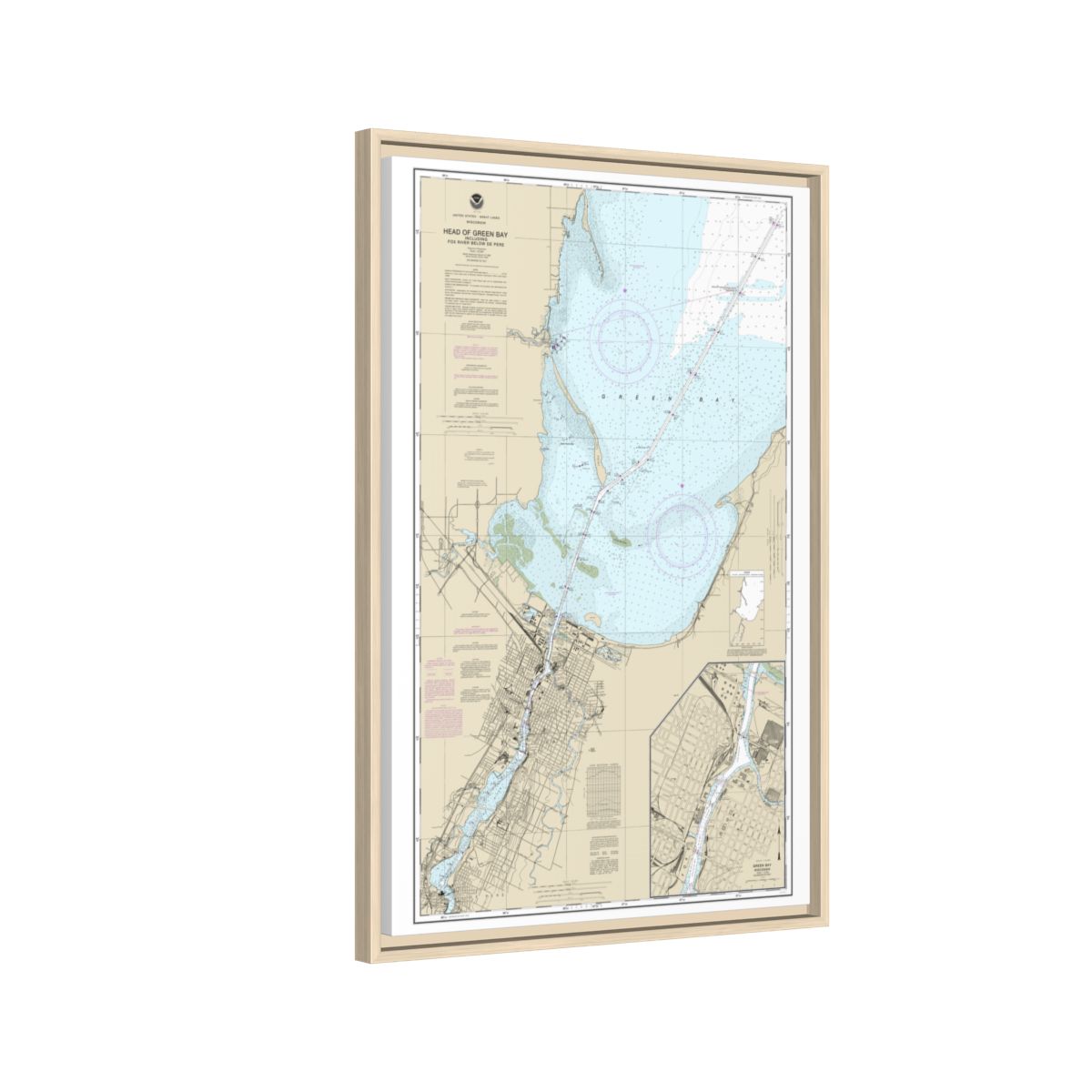 Chart 14918 Head of Green Bay, including Fox River below De Pere;Green Bay - NOAA Nautical Chart Floating Frame Canvas | 20" x 30" | 24" x 36" | 32" x 48" - Natural side