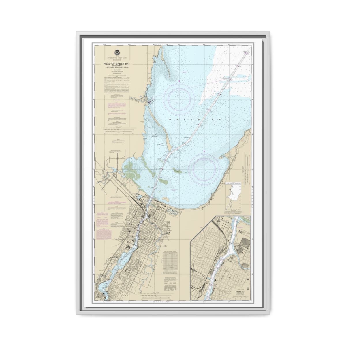 Chart 14918 Head of Green Bay, including Fox River below De Pere;Green Bay - NOAA Nautical Chart Floating Frame Canvas | 20" x 30" | 24" x 36" | 32" x 48" - White front