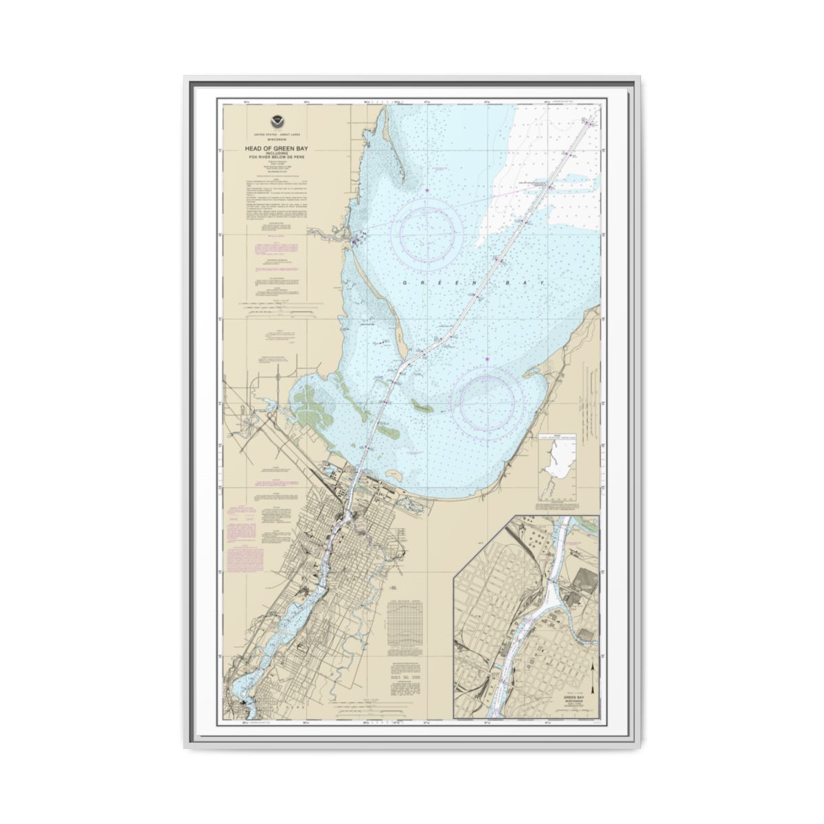 Chart 14918 Head of Green Bay, including Fox River below De Pere;Green Bay - NOAA Nautical Chart Floating Frame Canvas | 20" x 30" | 24" x 36" | 32" x 48" - White front