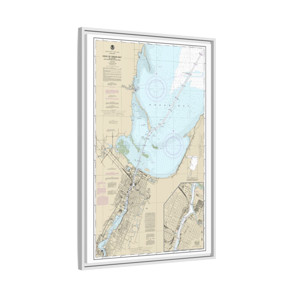 Chart 14918 Head of Green Bay, including Fox River below De Pere;Green Bay - NOAA Nautical Chart Floating Frame Canvas | 20" x 30" | 24" x 36" | 32" x 48" - White side