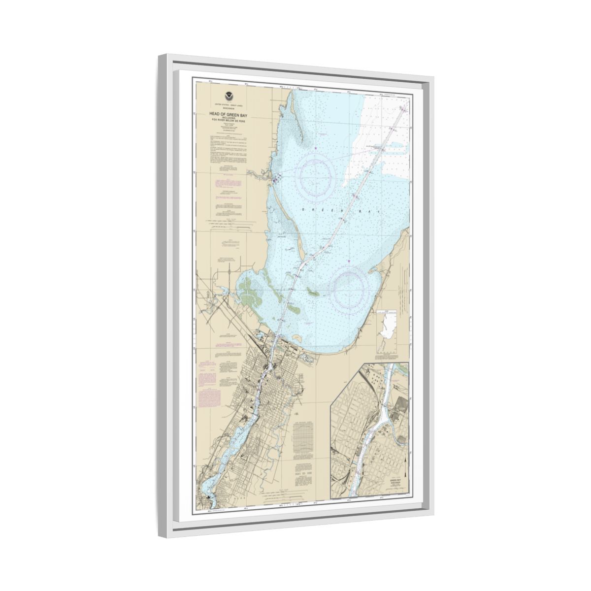 Chart 14918 Head of Green Bay, including Fox River below De Pere;Green Bay - NOAA Nautical Chart Floating Frame Canvas | 20" x 30" | 24" x 36" | 32" x 48" - White side