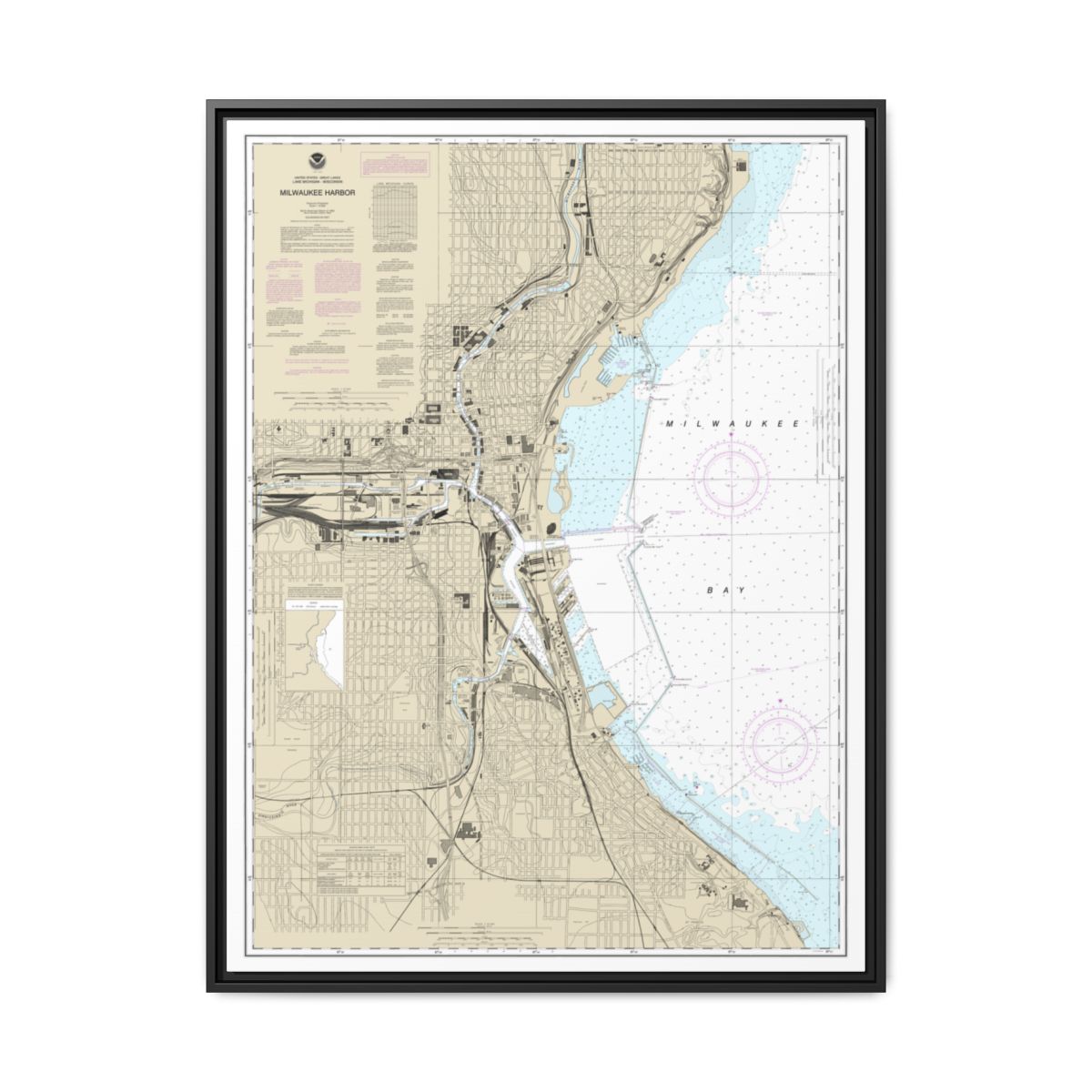 Chart 14924 Milwaukee Harbor - NOAA Nautical Chart Floating Frame Canvas | 24" x 32" | 30" x 40" - Black front