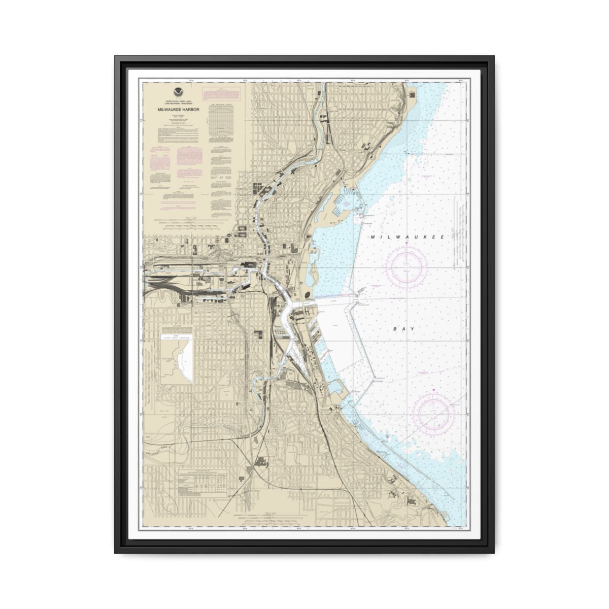 Chart 14924 Milwaukee Harbor - NOAA Nautical Chart Floating Frame Canvas | 24" x 32" | 30" x 40" - Black front