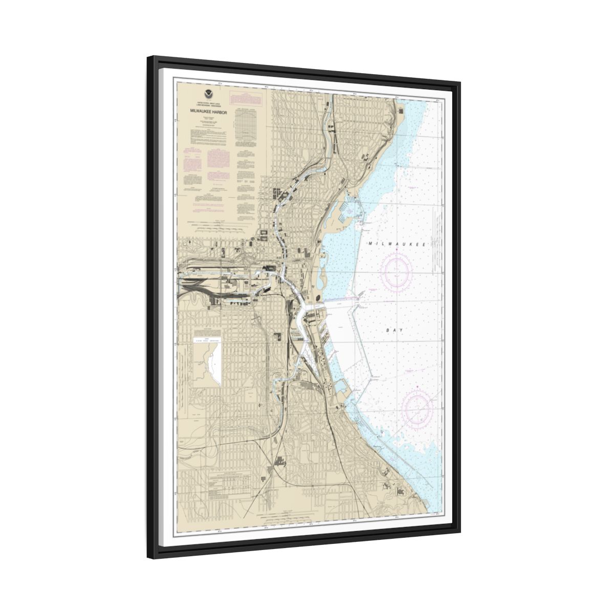 Chart 14924 Milwaukee Harbor - NOAA Nautical Chart Floating Frame Canvas | 24" x 32" | 30" x 40" - Black side