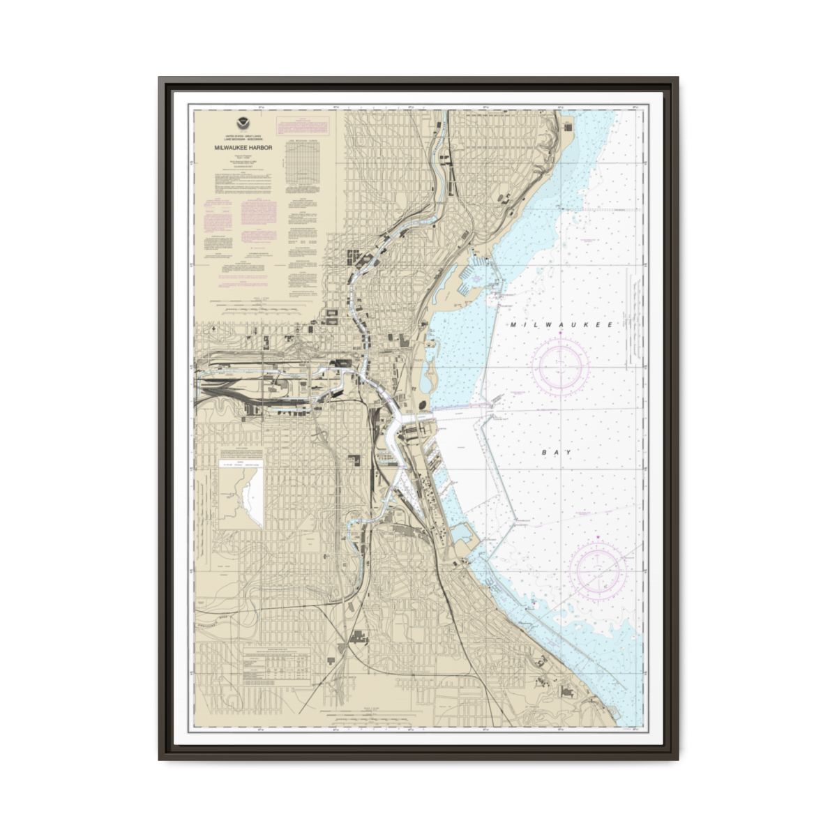 Chart 14924 Milwaukee Harbor - NOAA Nautical Chart Floating Frame Canvas | 24" x 32" | 30" x 40" - Espresso front