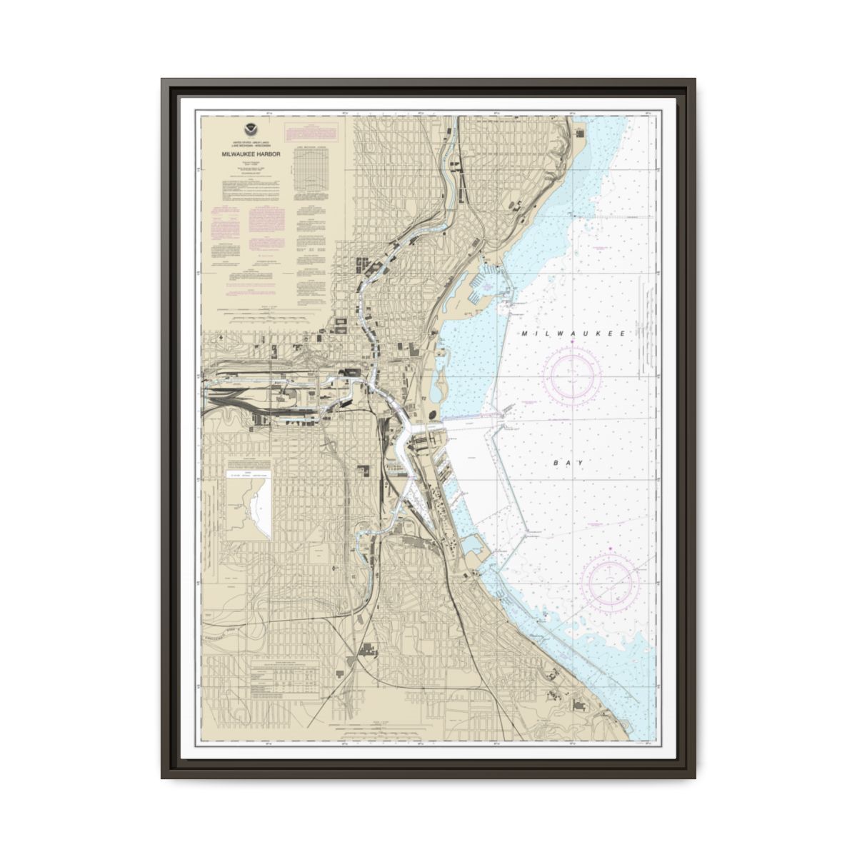 Chart 14924 Milwaukee Harbor - NOAA Nautical Chart Floating Frame Canvas | 24" x 32" | 30" x 40" - Espresso front