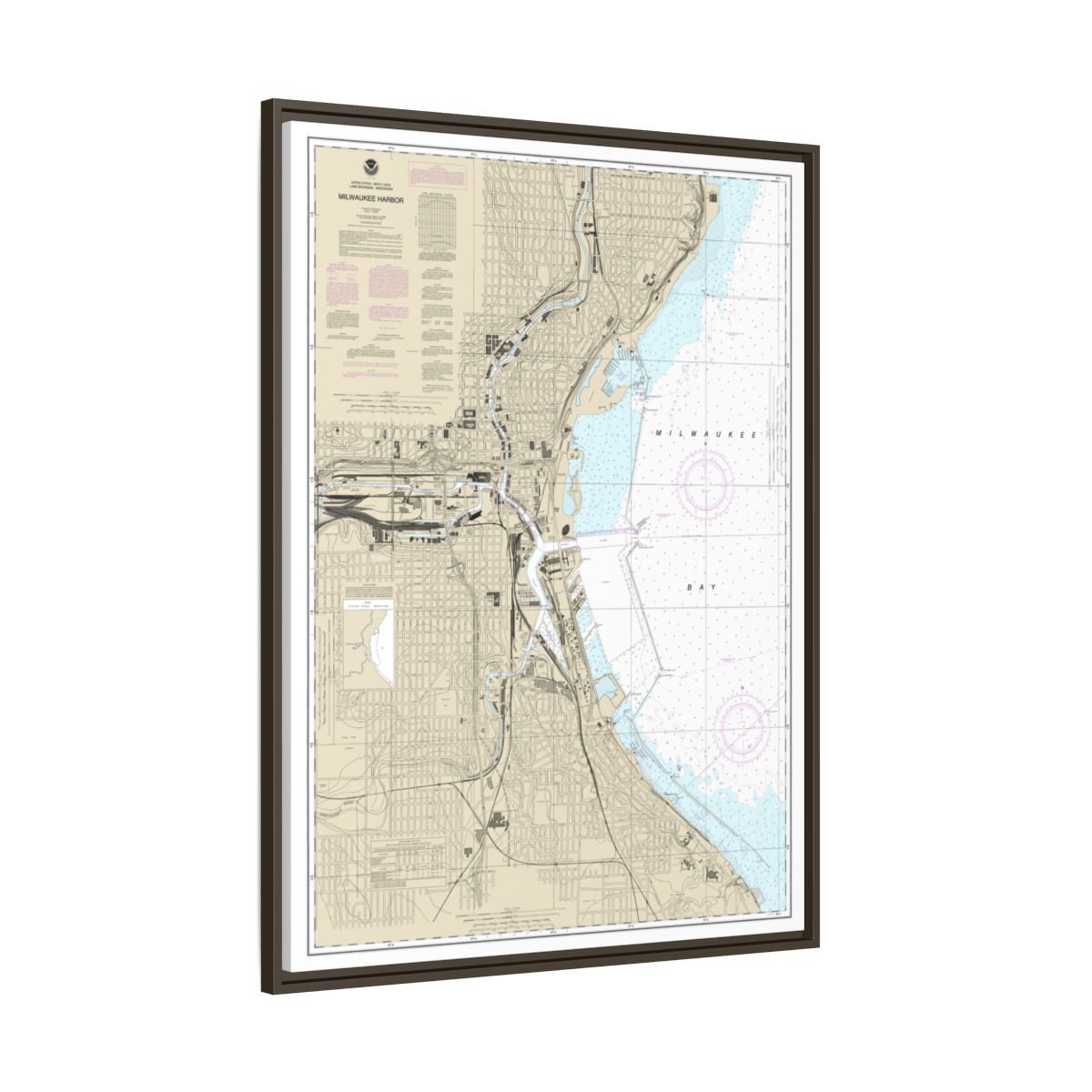 Chart 14924 Milwaukee Harbor - NOAA Nautical Chart Floating Frame Canvas | 24" x 32" | 30" x 40" - Espresso side