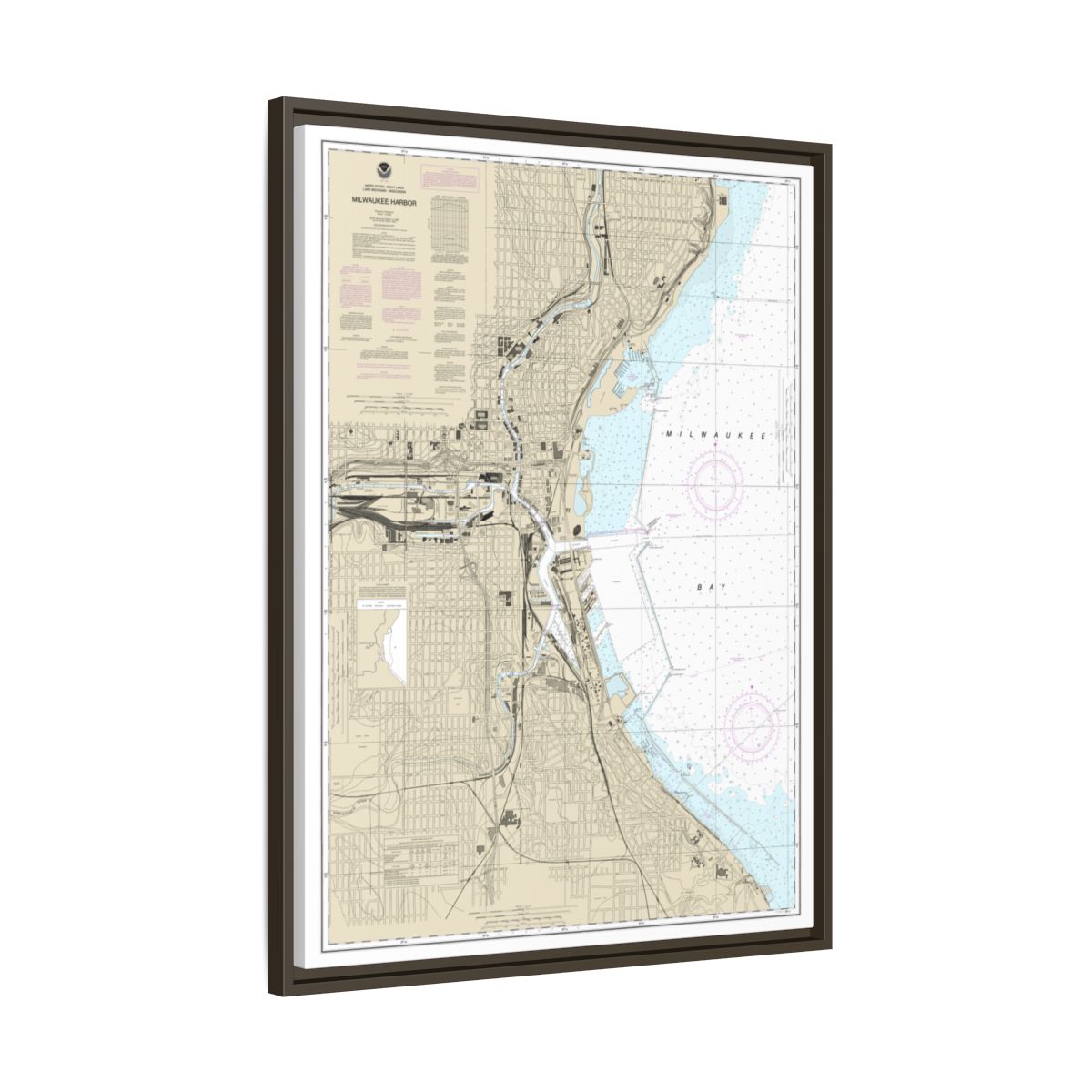Chart 14924 Milwaukee Harbor - NOAA Nautical Chart Floating Frame Canvas | 24" x 32" | 30" x 40" - Espresso side