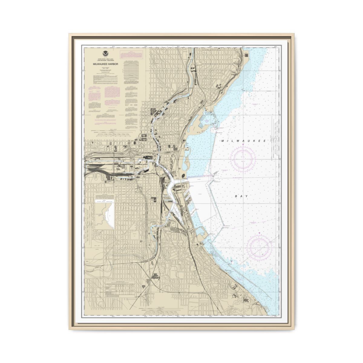 Chart 14924 Milwaukee Harbor - NOAA Nautical Chart Floating Frame Canvas | 24" x 32" | 30" x 40" - Natural front