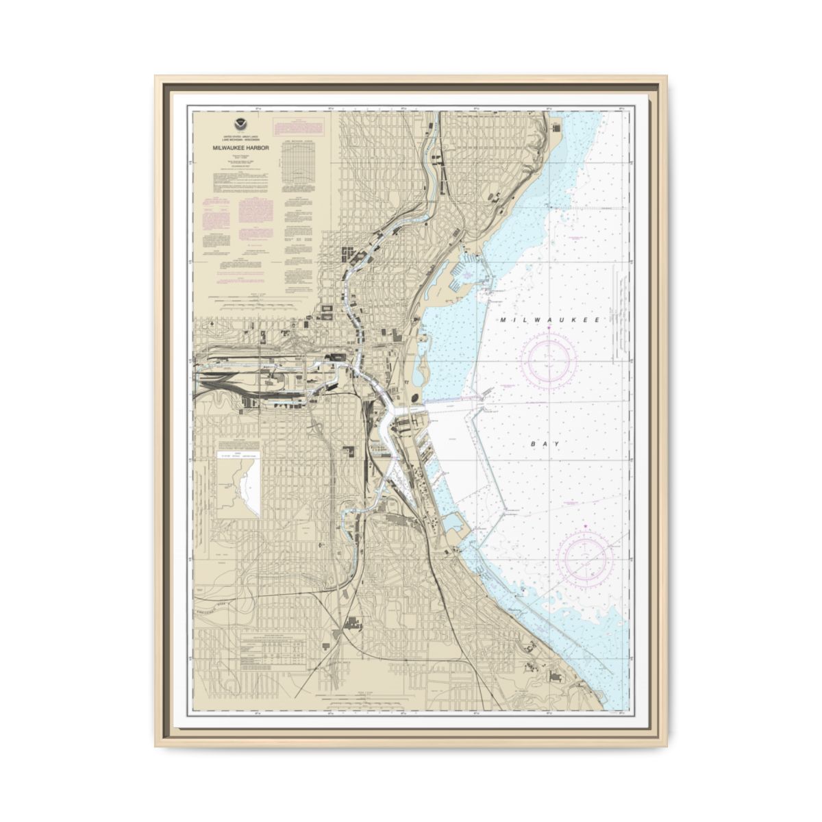 Chart 14924 Milwaukee Harbor - NOAA Nautical Chart Floating Frame Canvas | 24" x 32" | 30" x 40" - Natural front