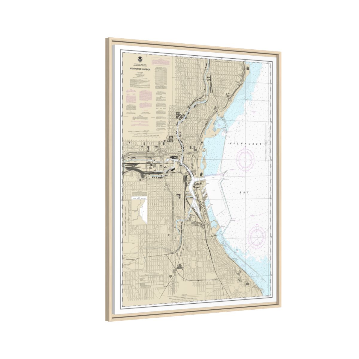 Chart 14924 Milwaukee Harbor - NOAA Nautical Chart Floating Frame Canvas | 24" x 32" | 30" x 40" - Natural side
