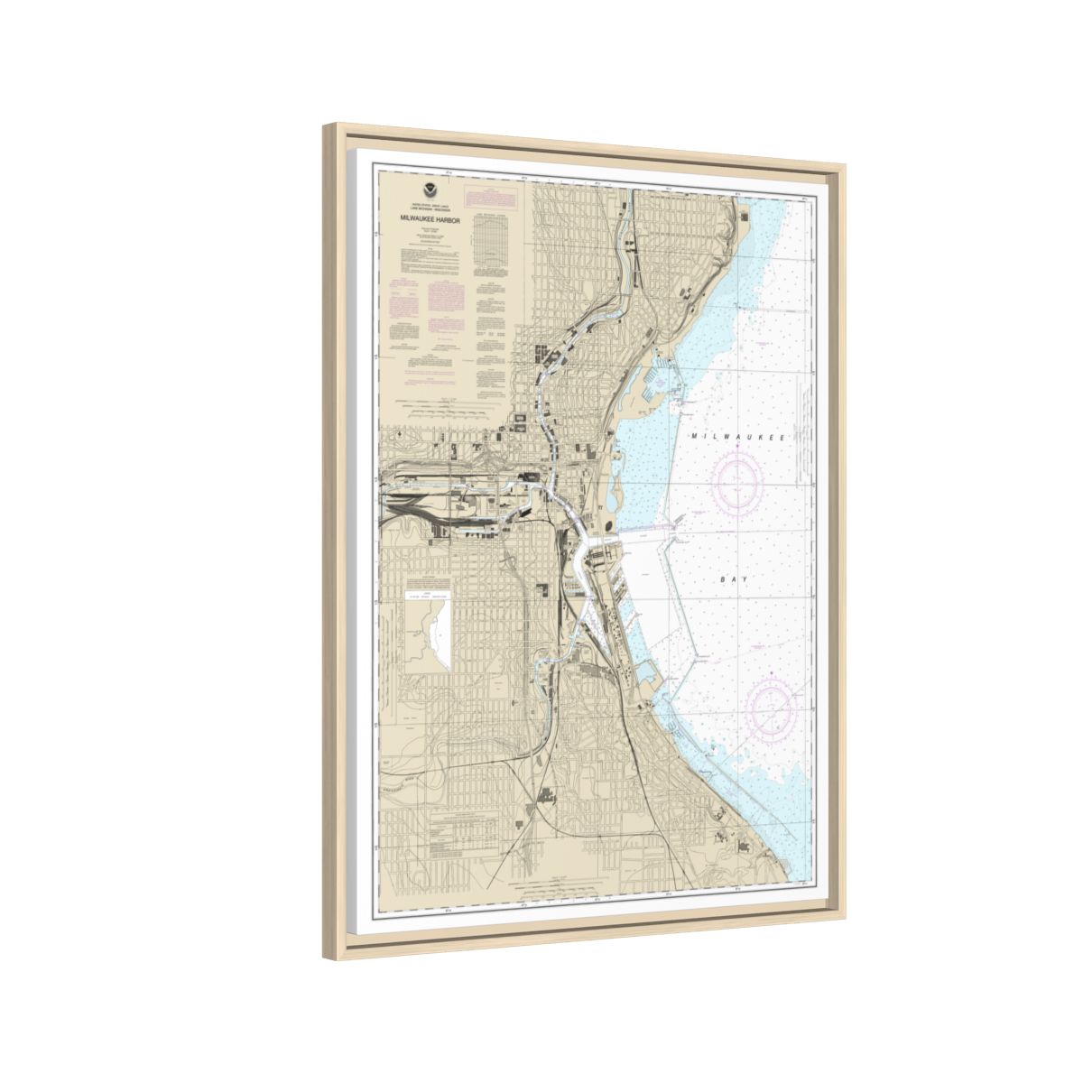 Chart 14924 Milwaukee Harbor - NOAA Nautical Chart Floating Frame Canvas | 24" x 32" | 30" x 40" - Natural side